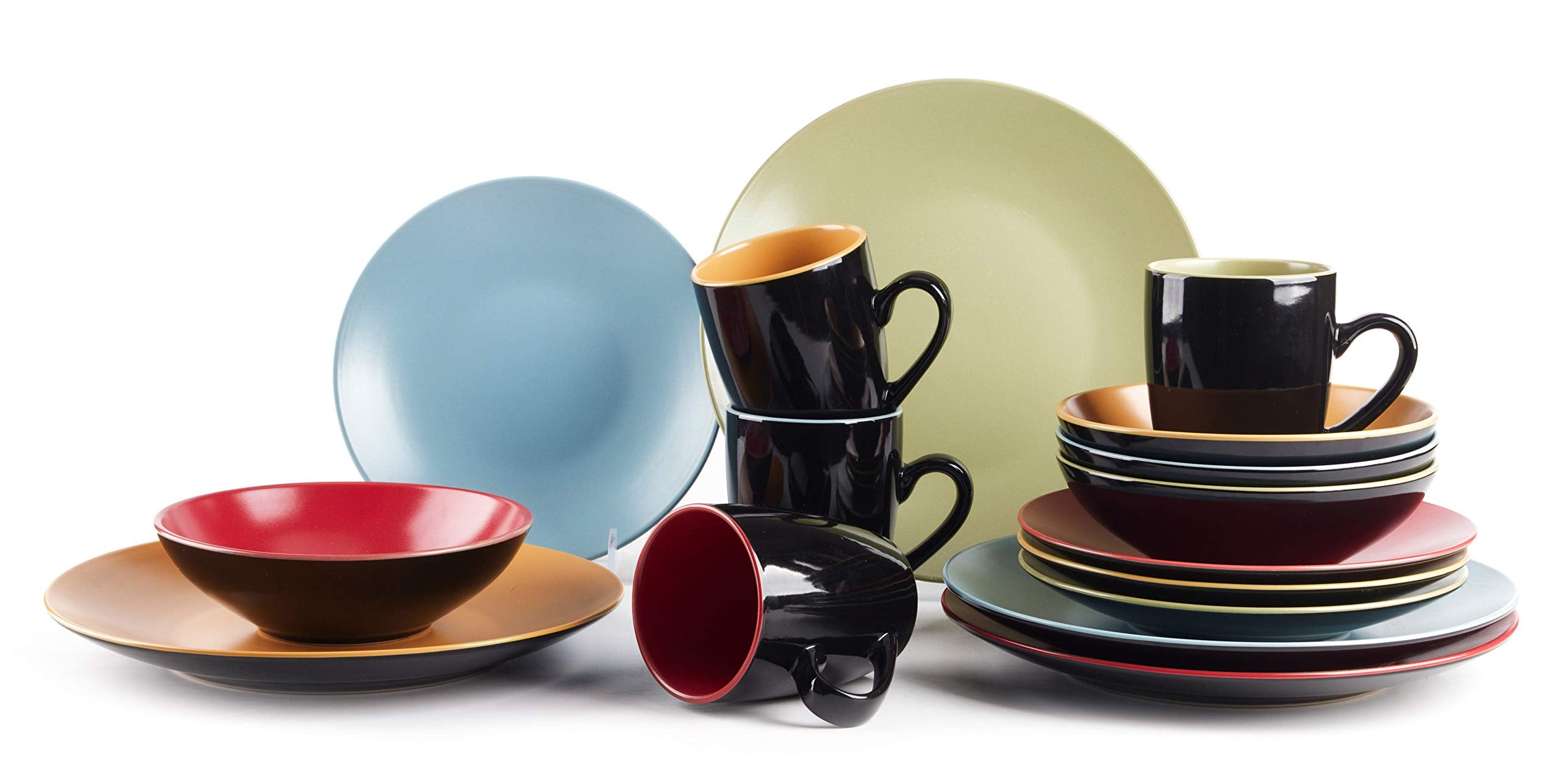 Colors Life 16 Dinnerware Set，Outside Shinny Black + Inside Matte Finished Color