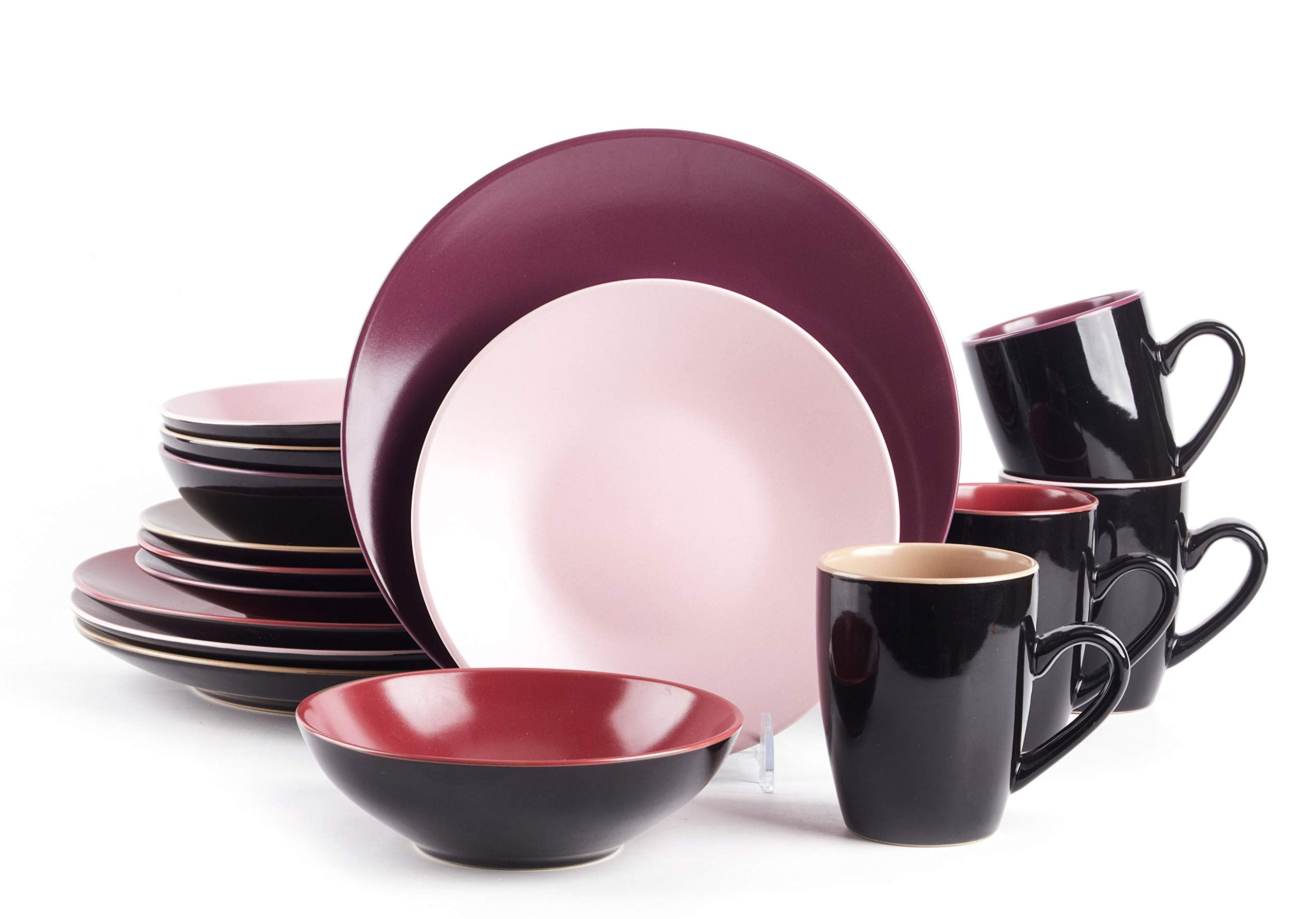 Colors Life 16 Dinnerware Set，Outside Shinny Black + Inside Matte Finished Color