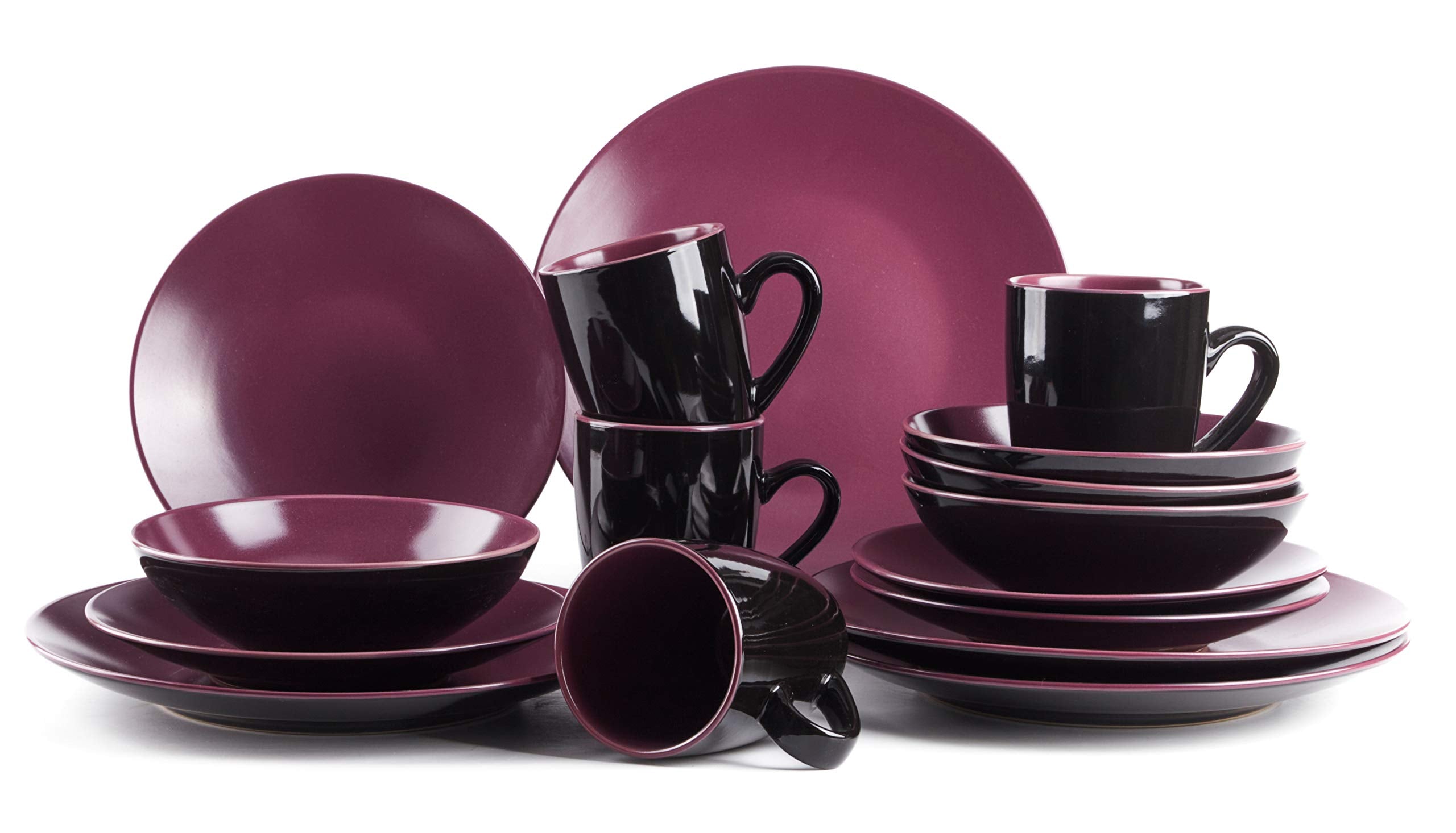 Colors Life 16 Dinnerware Set，Outside Shinny Black + Inside Matte Finished Color