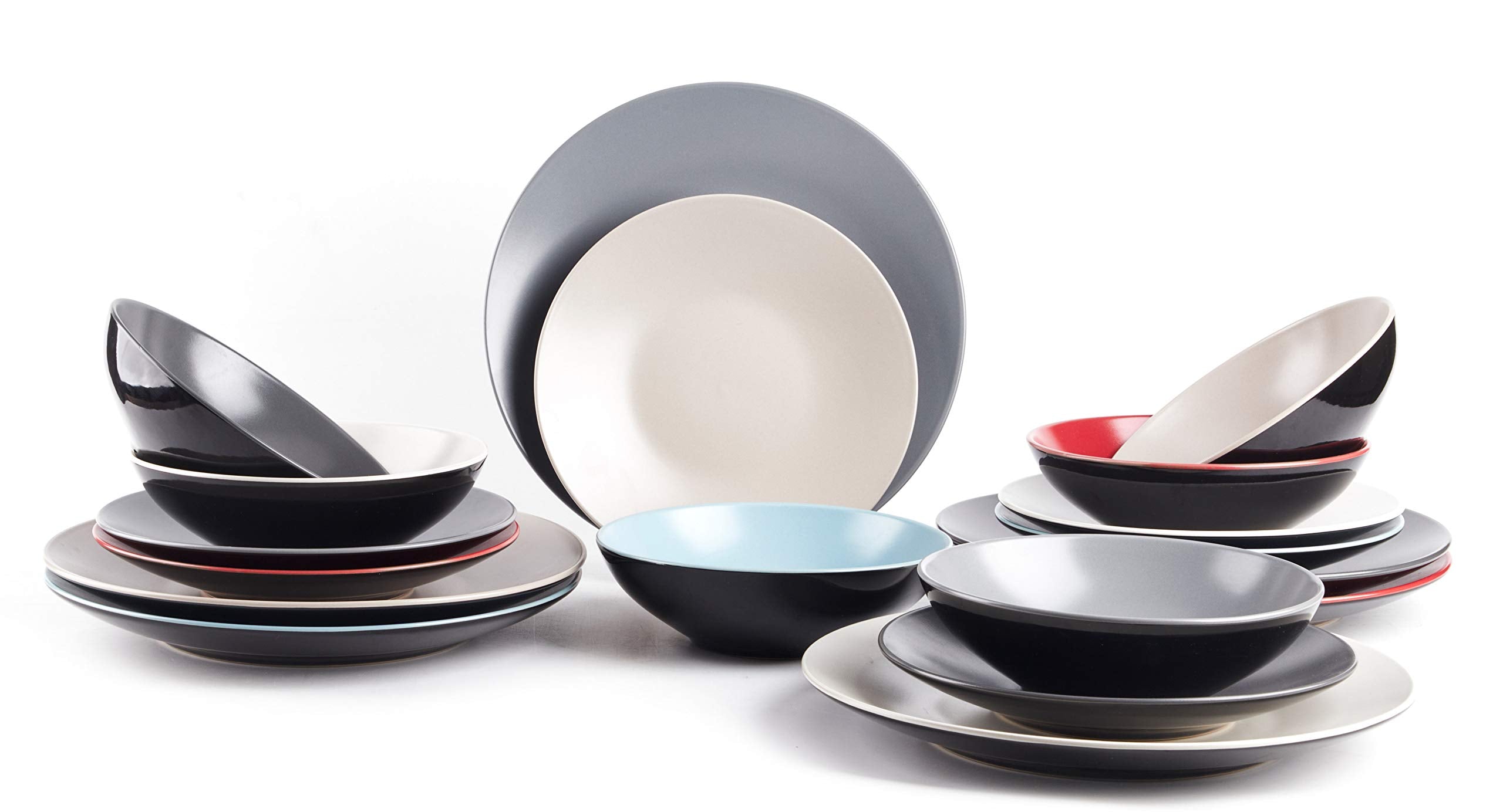 Colors Life 16 Dinnerware Set，Outside Shinny Black + Inside Matte Finished Color