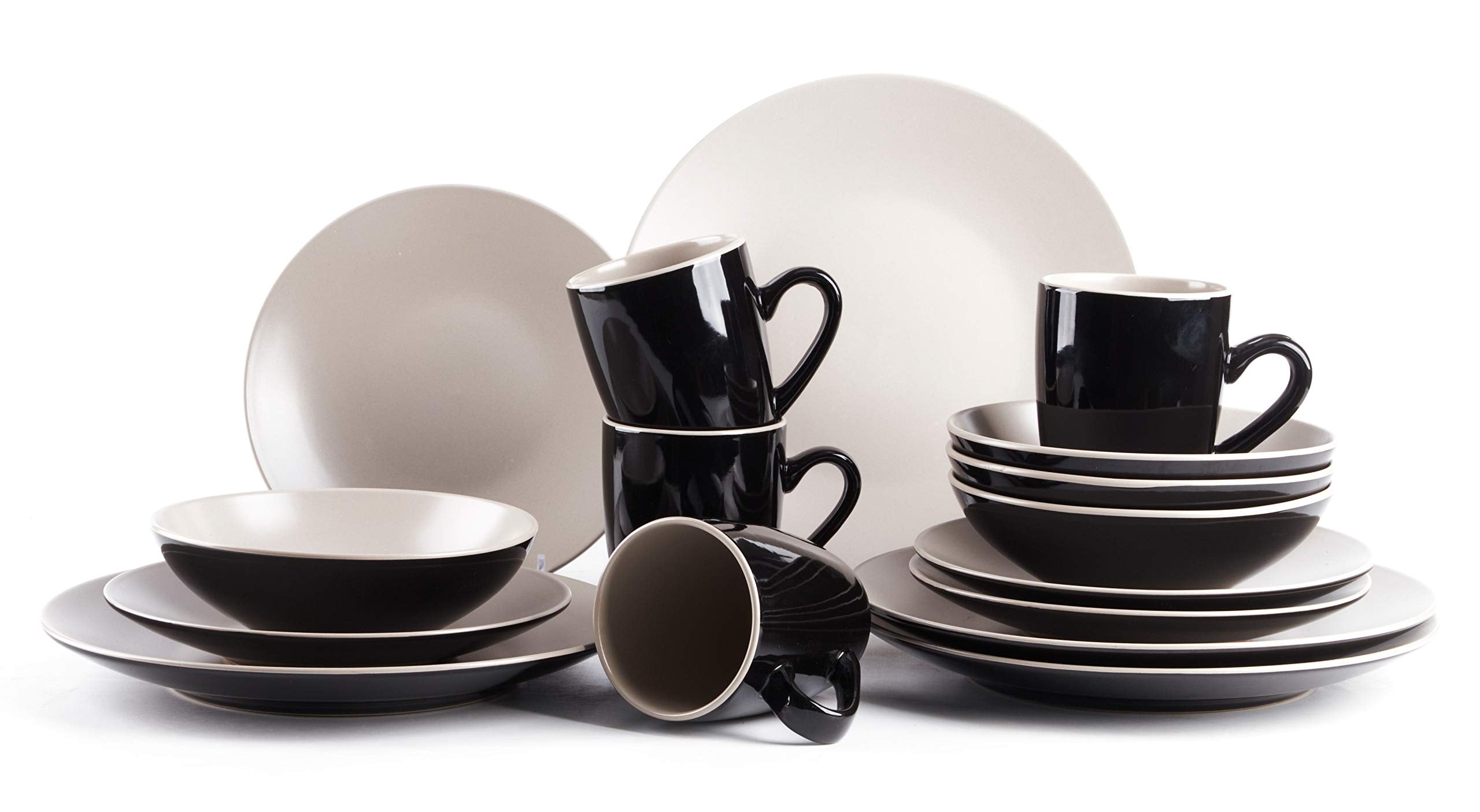 Colors Life 16 Dinnerware Set，Outside Shinny Black + Inside Matte Finished Color