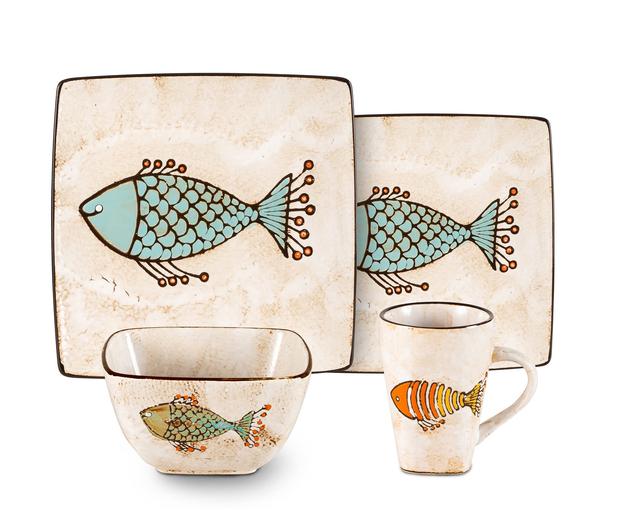 Stoneware Artisan Hand Painted Fish, 16pc Reactive Glaze Dinnerware Set