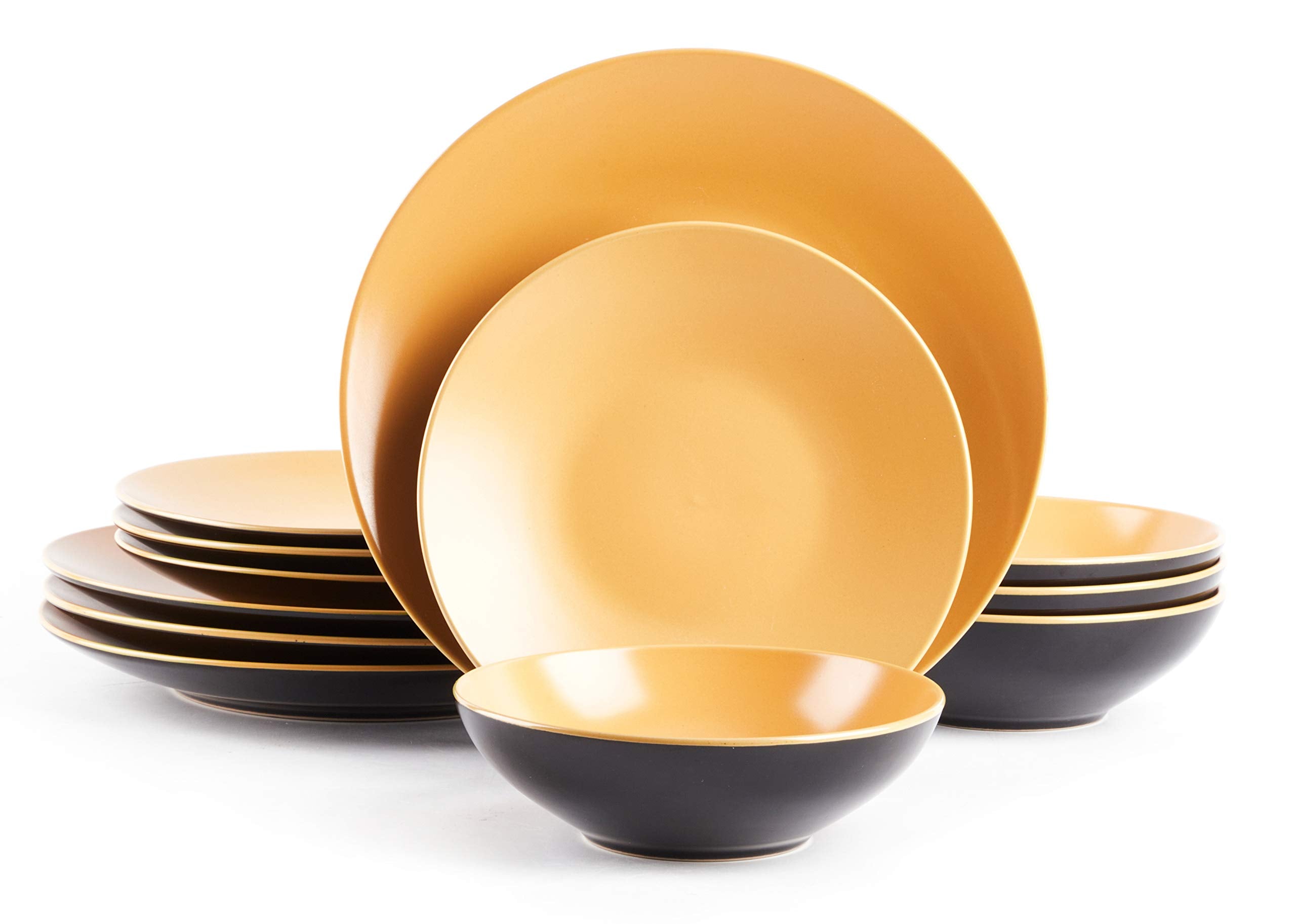 Colors Life 16 Dinnerware Set，Outside Shinny Black + Inside Matte Finished Color