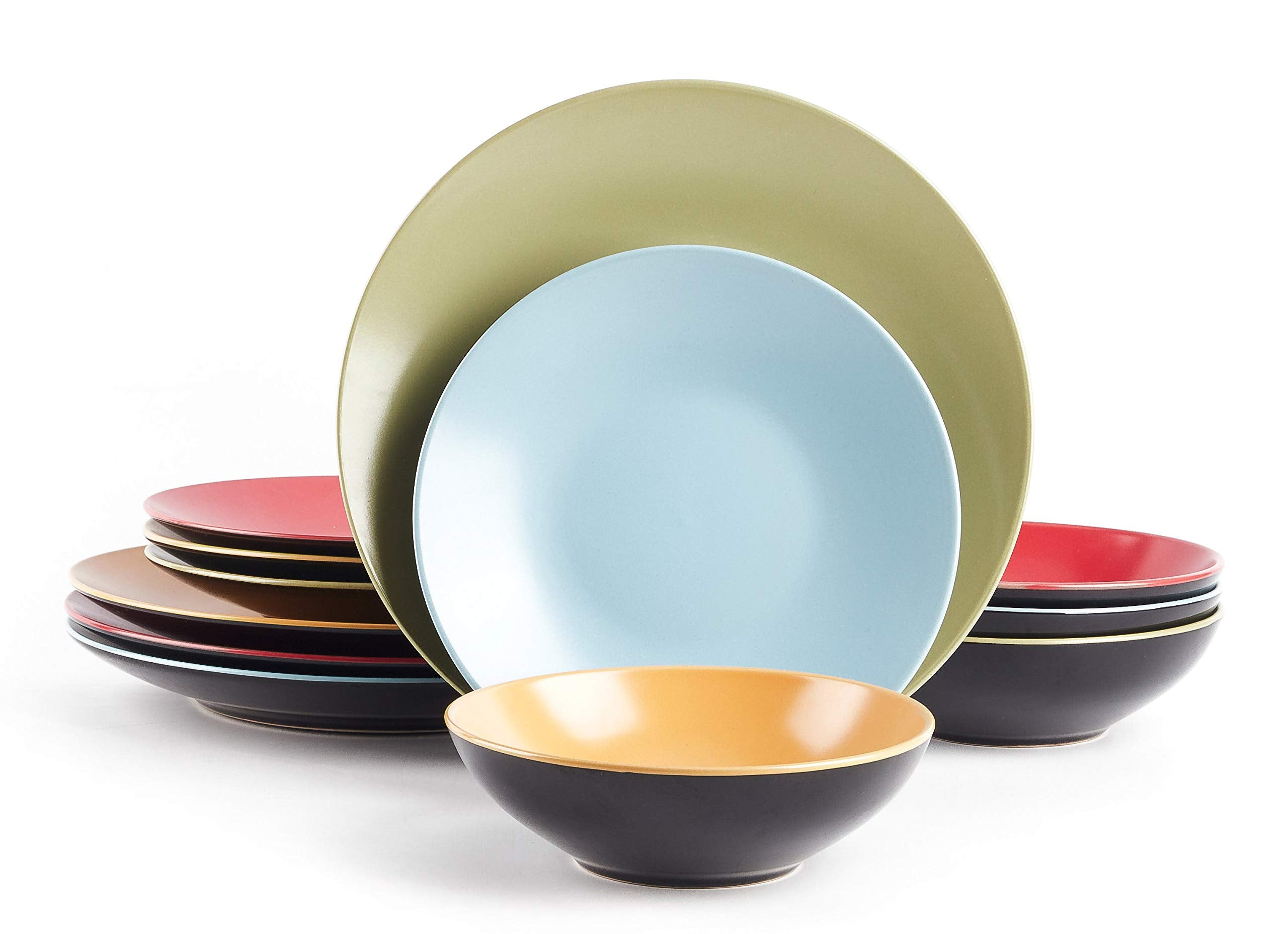 Colors Life 16 Dinnerware Set，Outside Shinny Black + Inside Matte Finished Color