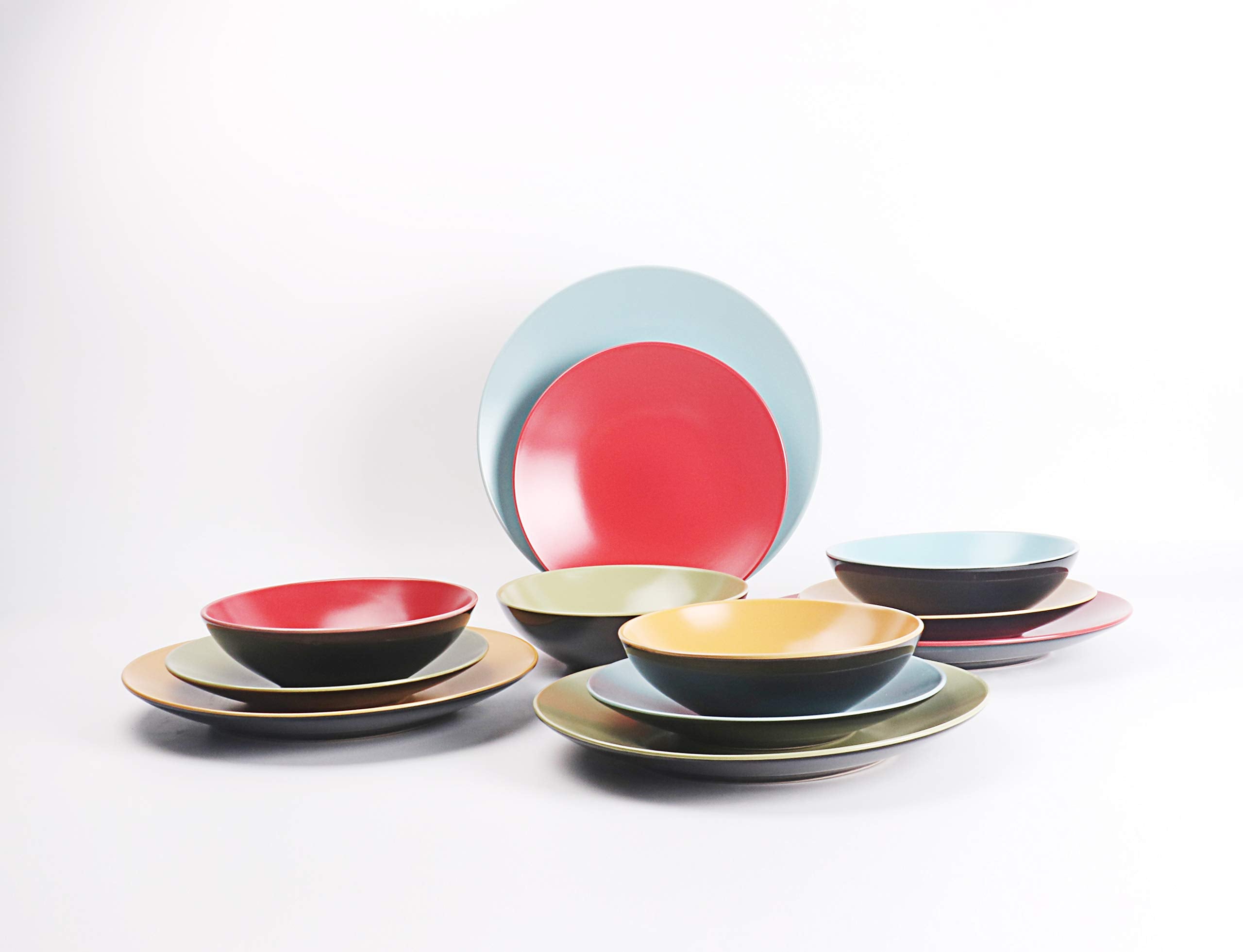 Colors Life 16 Dinnerware Set，Outside Shinny Black + Inside Matte Finished Color