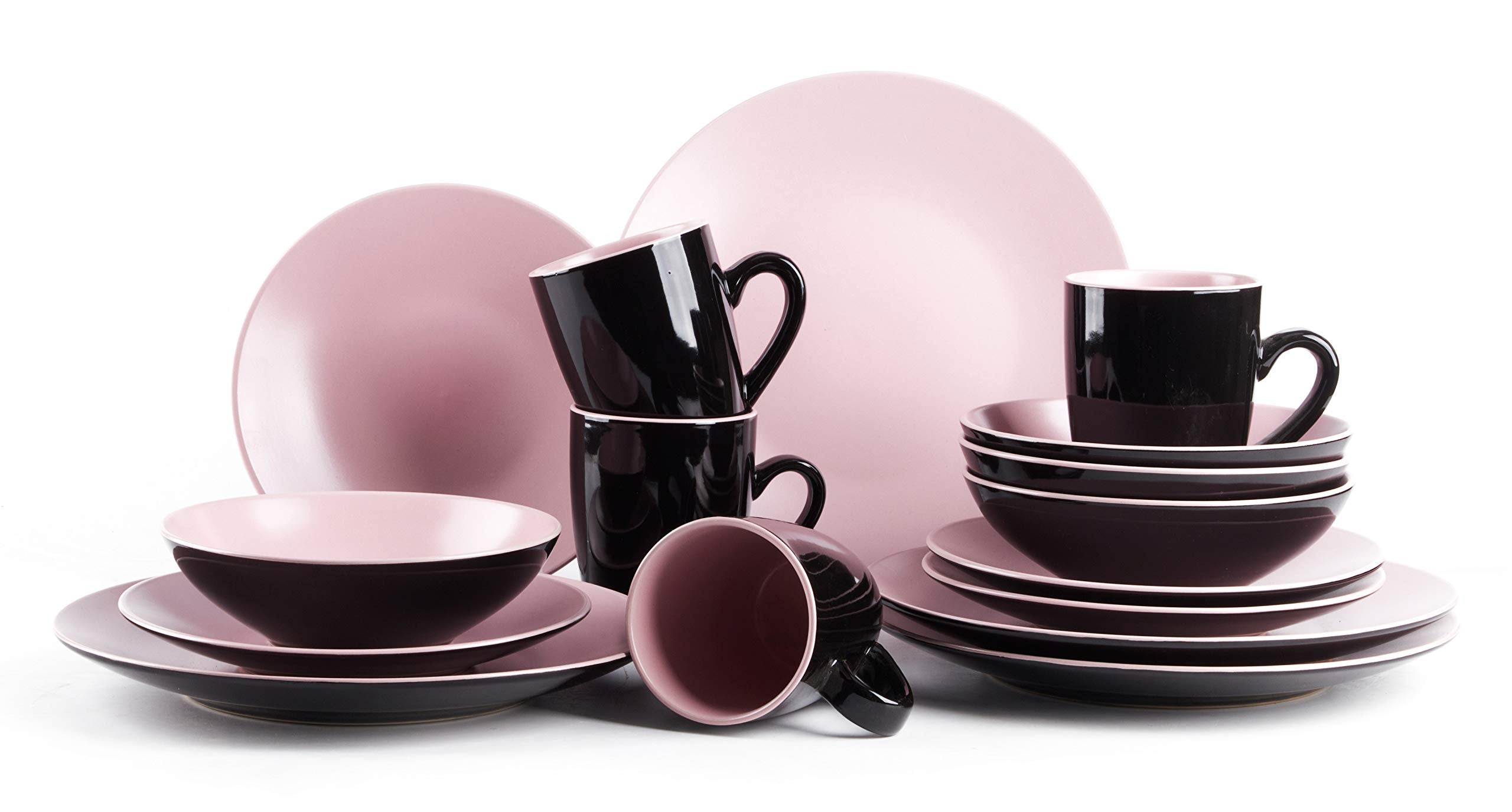 Colors Life 16 Dinnerware Set，Outside Shinny Black + Inside Matte Finished Color