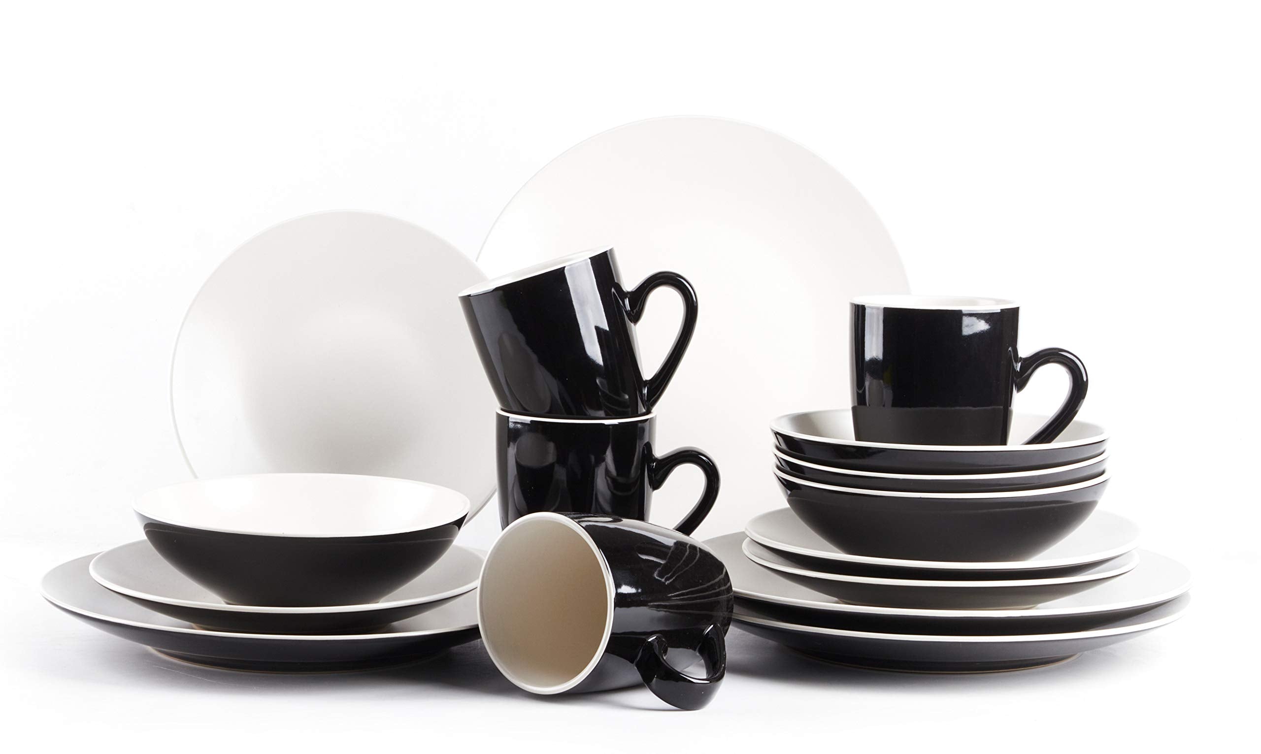 Colors Life 16 Dinnerware Set，Outside Shinny Black + Inside Matte Finished Color