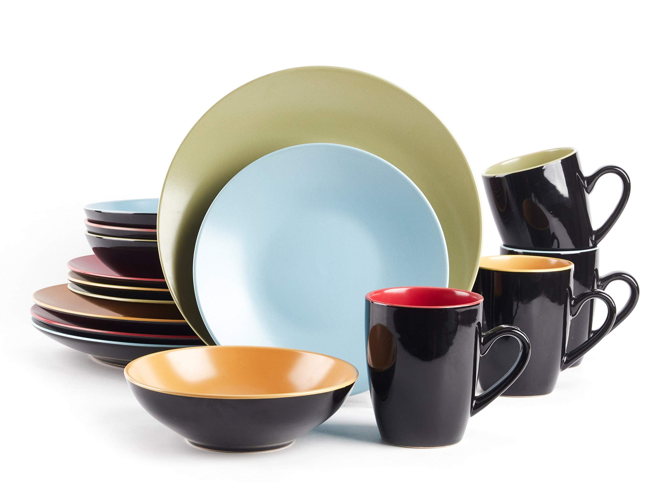 Colors Life 16 Dinnerware Set，Outside Shinny Black + Inside Matte Finished Color