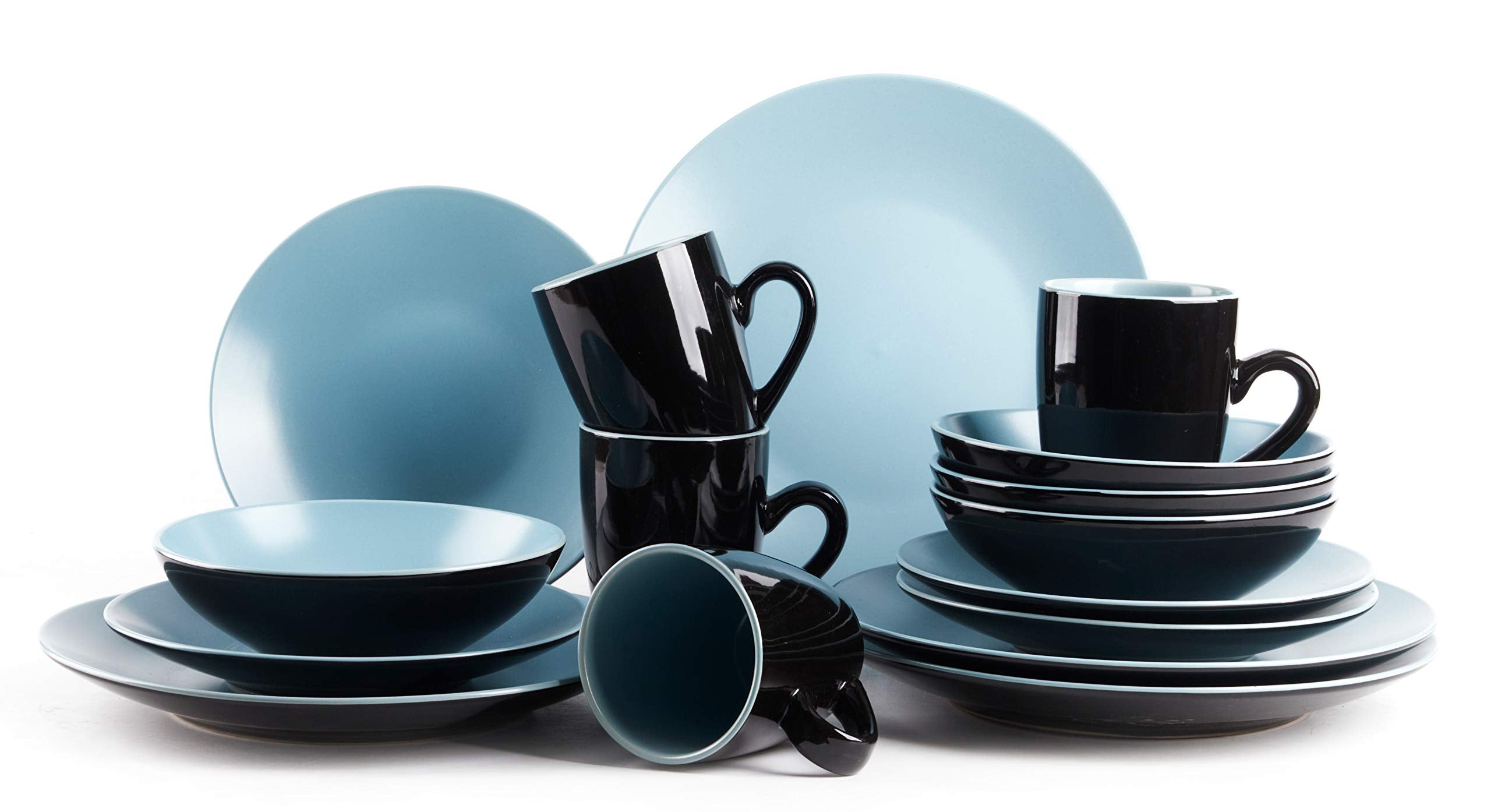 Colors Life 16 Dinnerware Set，Outside Shinny Black + Inside Matte Finished Color