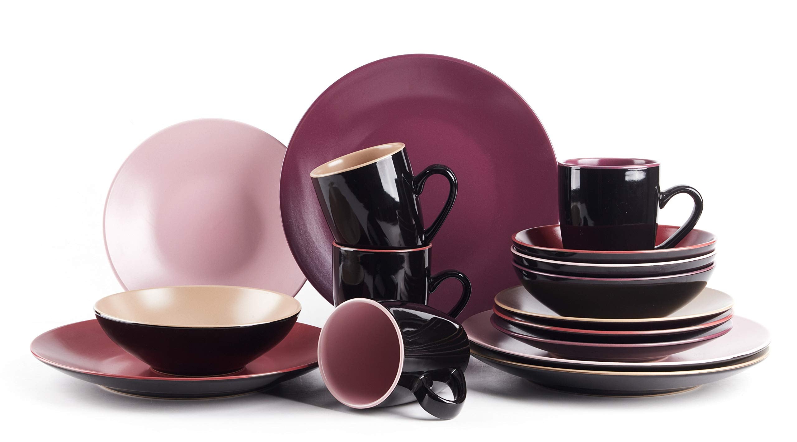 Colors Life 16 Dinnerware Set，Outside Shinny Black + Inside Matte Finished Color