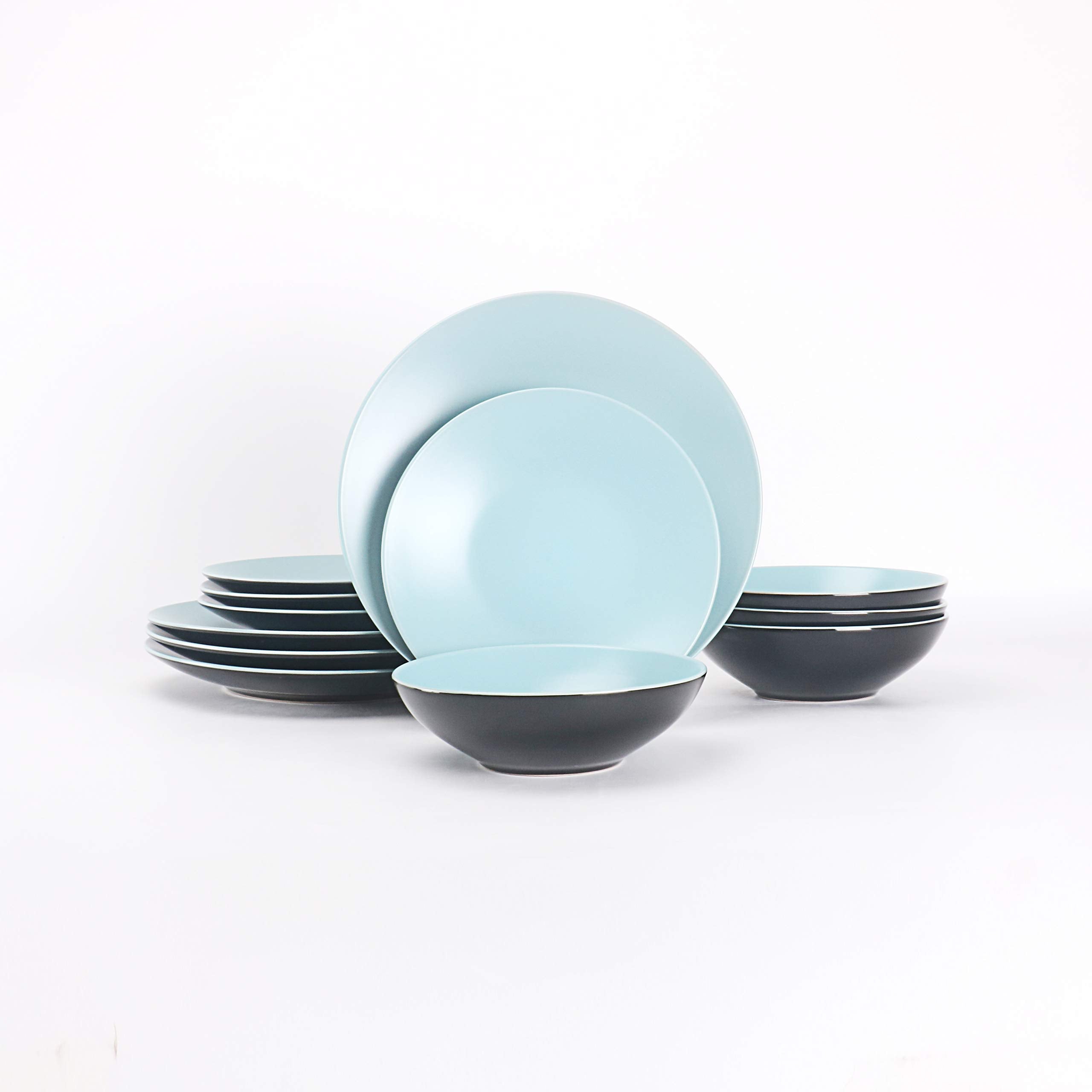 Colors Life 16 Dinnerware Set，Outside Shinny Black + Inside Matte Finished Color