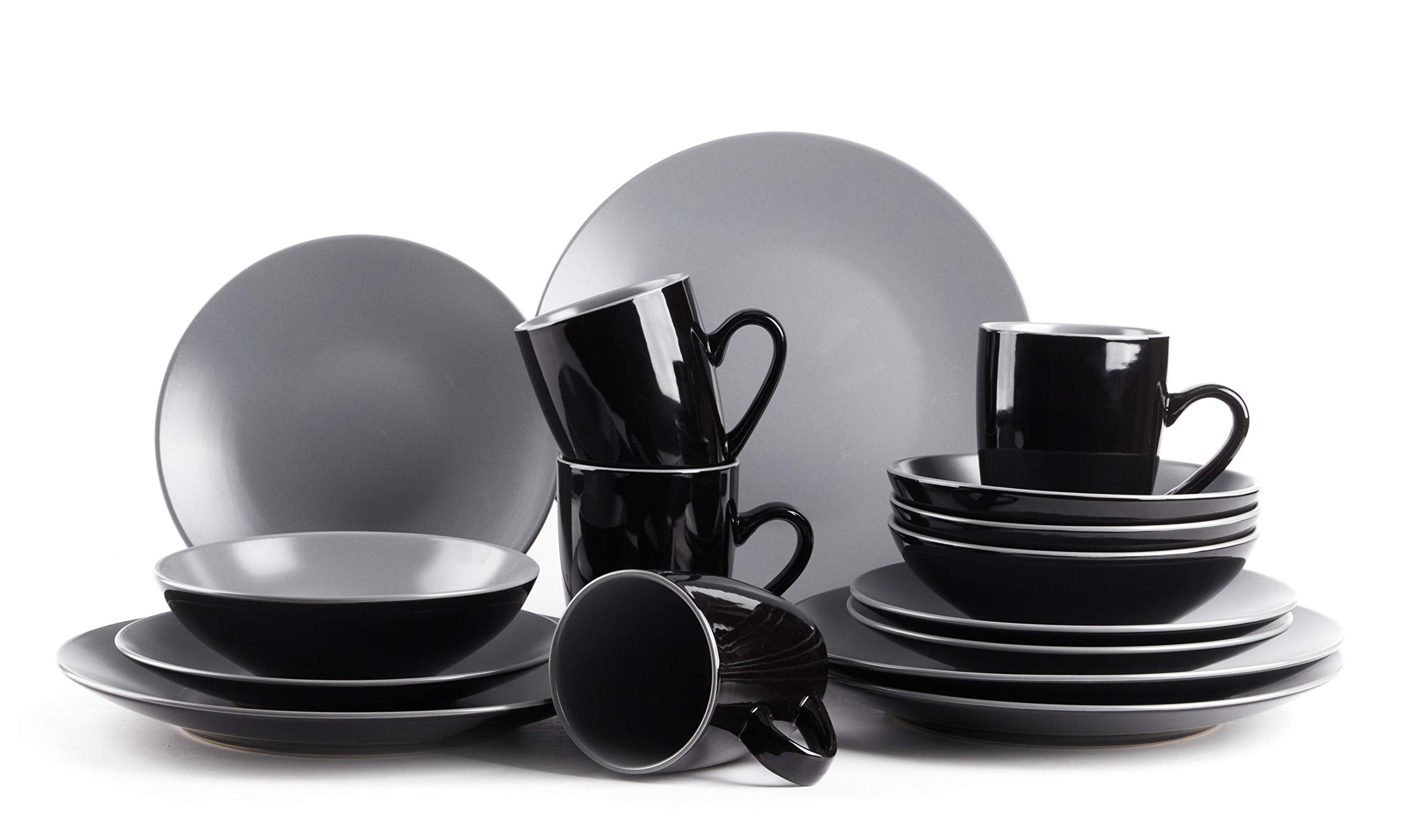 Colors Life 16 Dinnerware Set，Outside Shinny Black + Inside Matte Finished Color