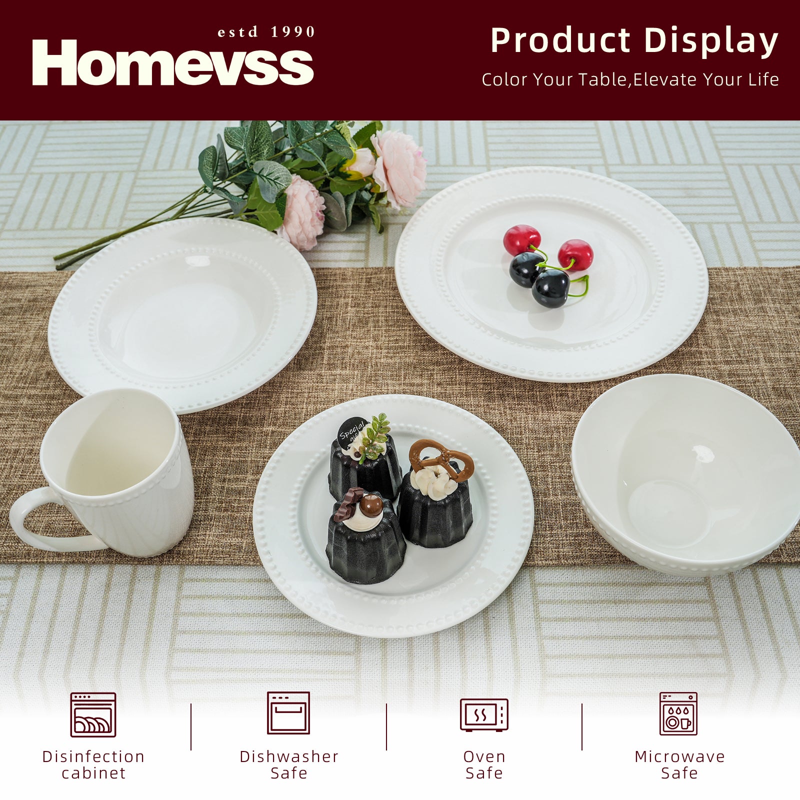 d.b. Pétillant Weiss LEDE DD様セット HomeVSS Elegant Bone China Dinnerware Set - White Embossed Pearl Dots