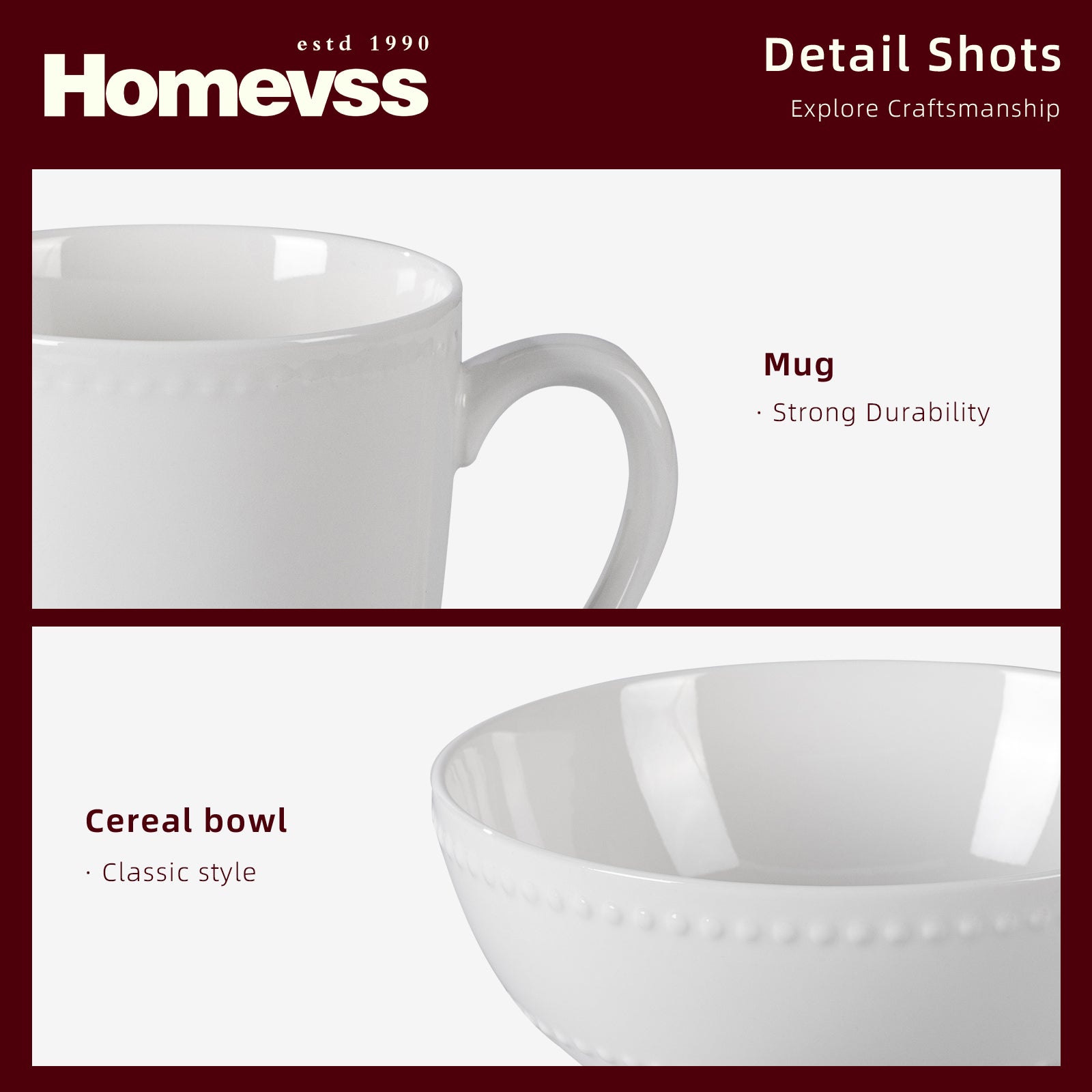 HomeVSS Elegant Bone China Dinnerware Set - White Embossed Pearl Dots