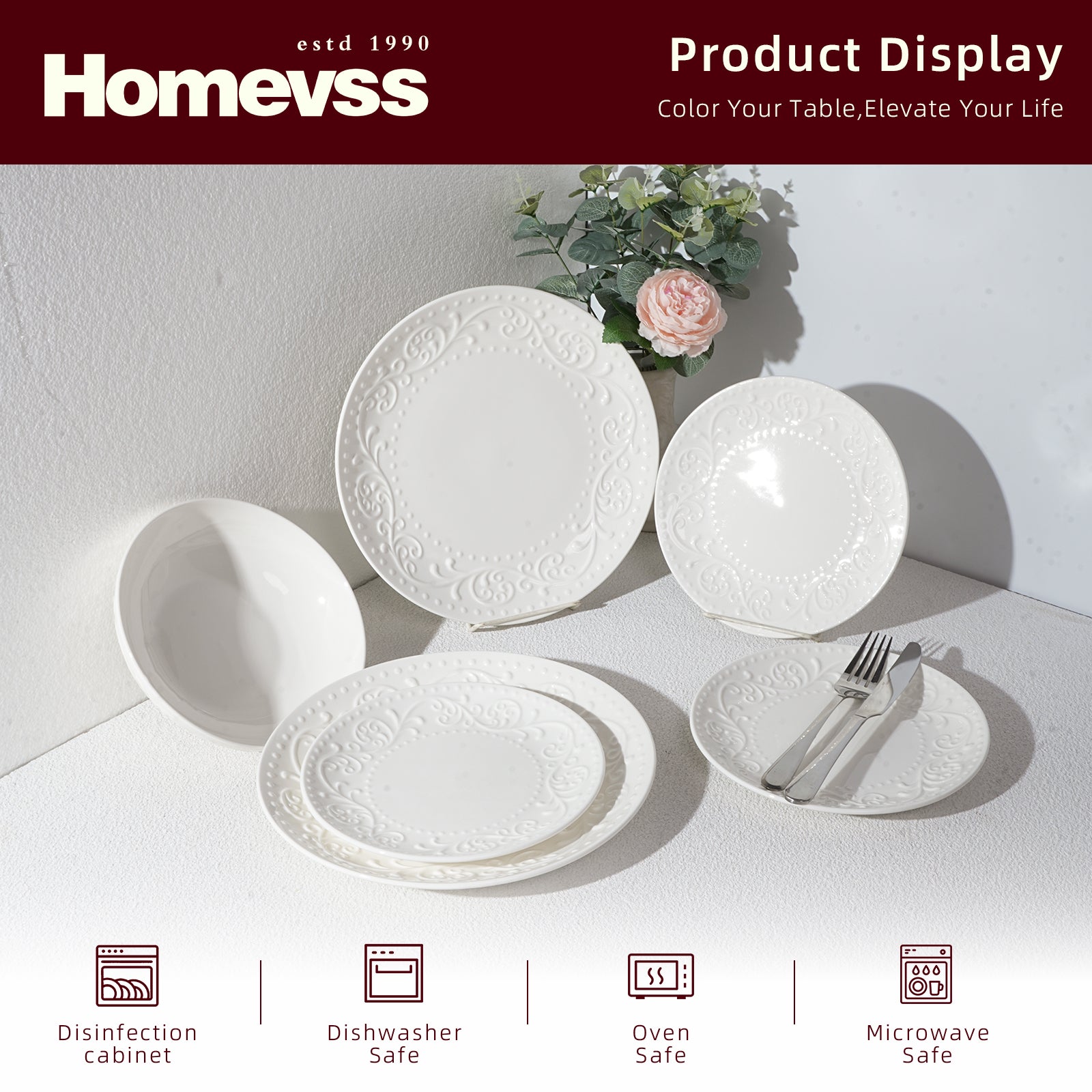 Elegant Bone China 18pc Dinnerware Set - Embossed Italy Countryside