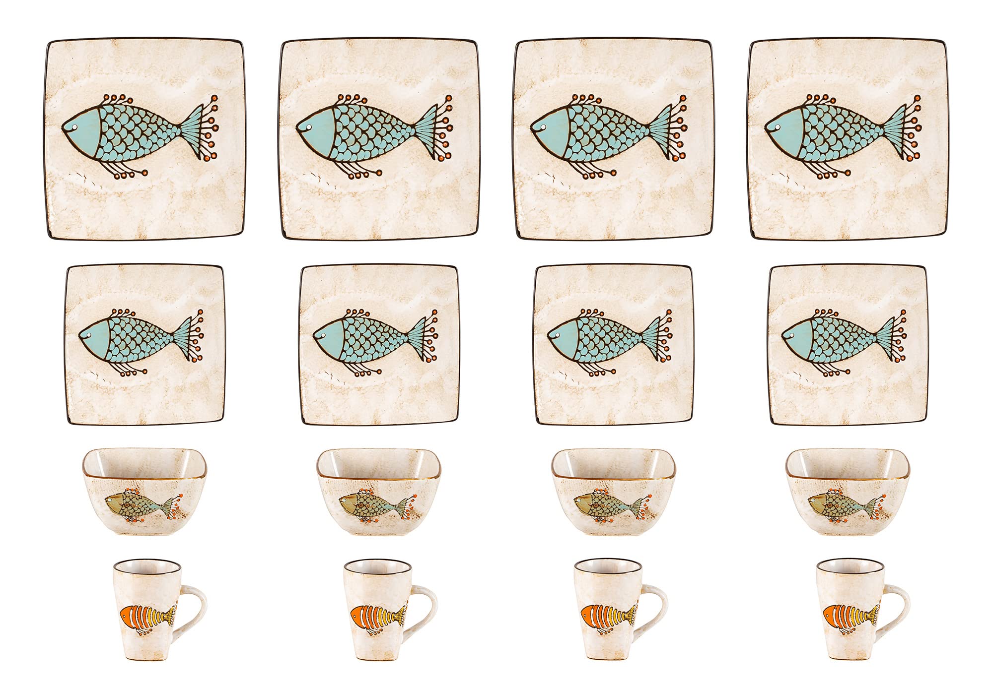 Stoneware Artisan Hand Painted Fish, 16pc Reactive Glaze Dinnerware Set