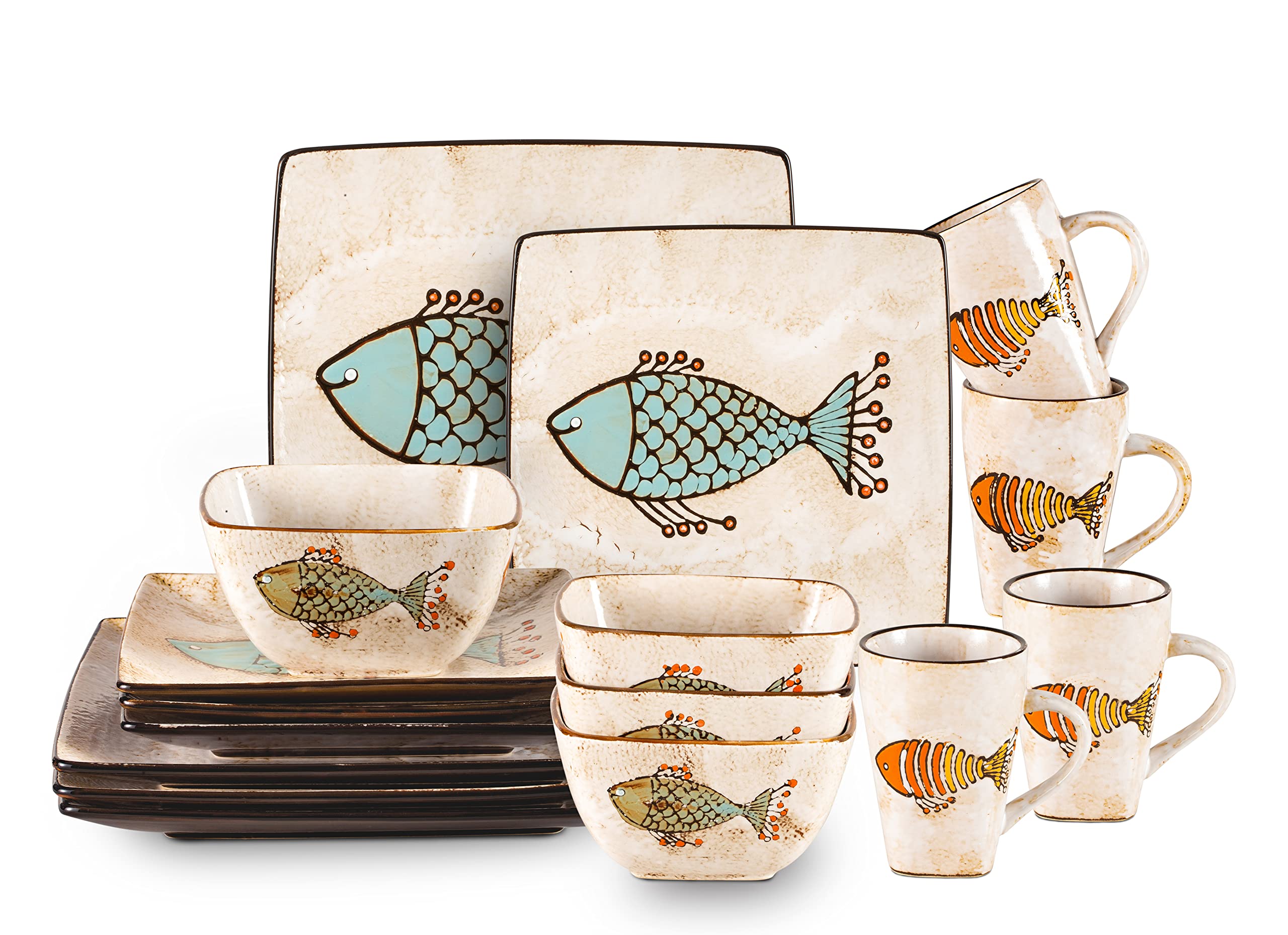 Stoneware Artisan Hand Painted Fish, 16pc Reactive Glaze Dinnerware Set