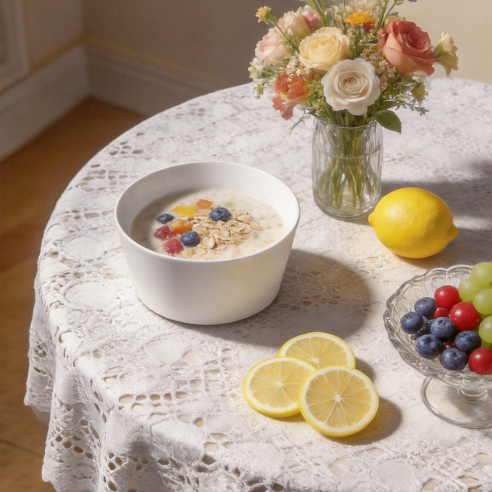 Close-up of lightweight bone china cone shaped bowl