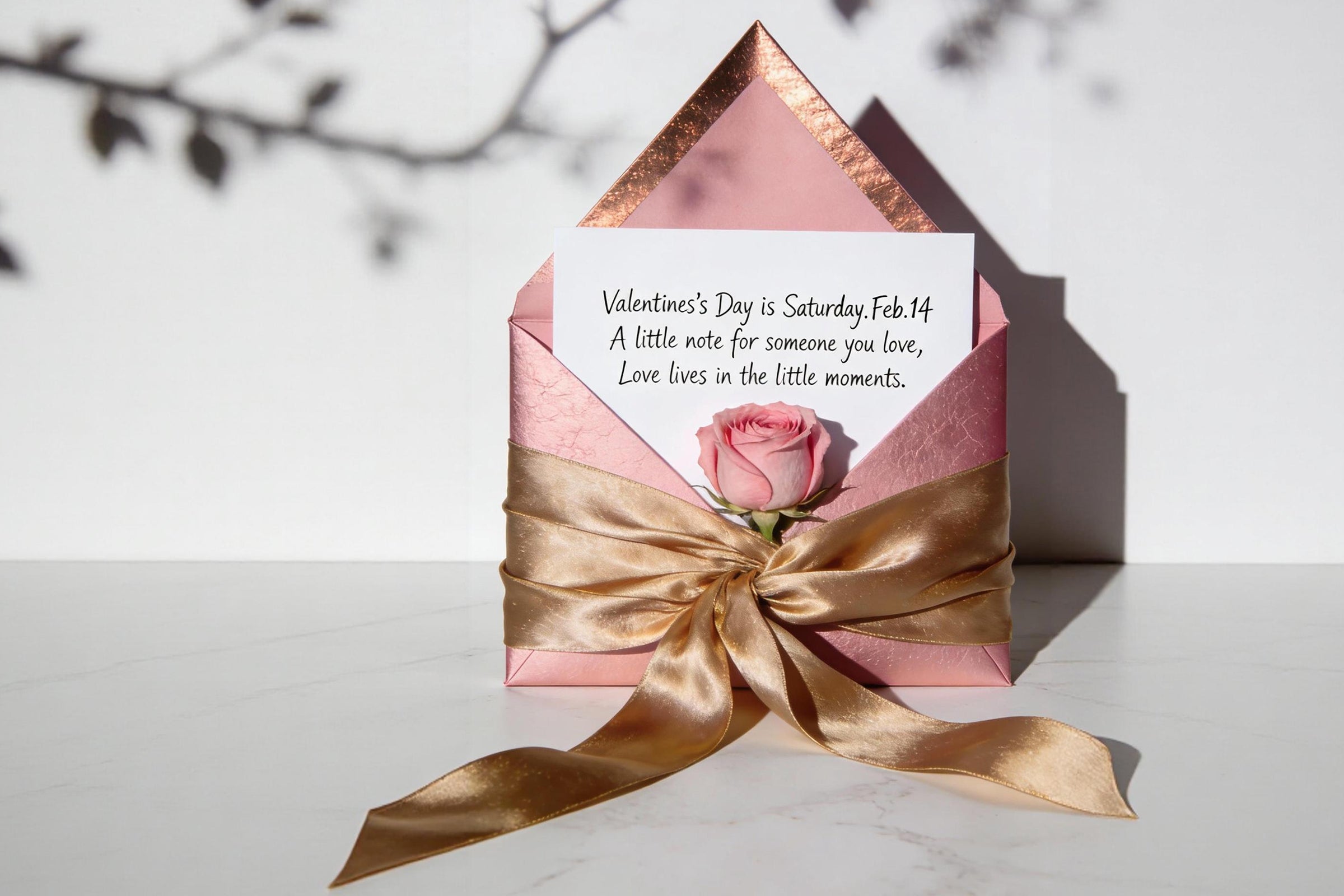 Valentine's Day card with a pink rose and gold ribbon on a white surface.