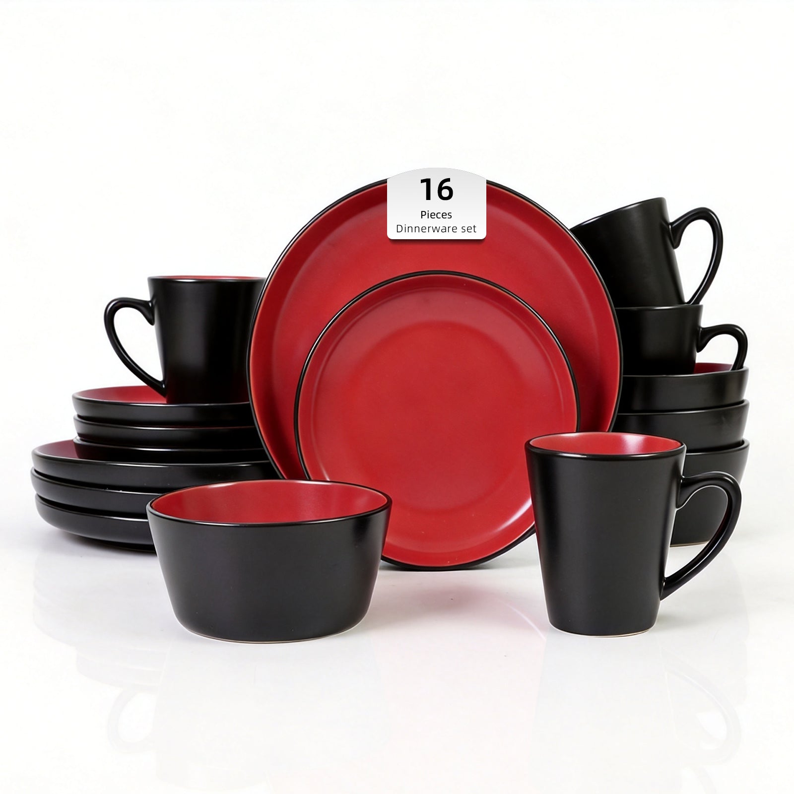 Black and red dinnerware set with a label indicating 16 pieces on a white background