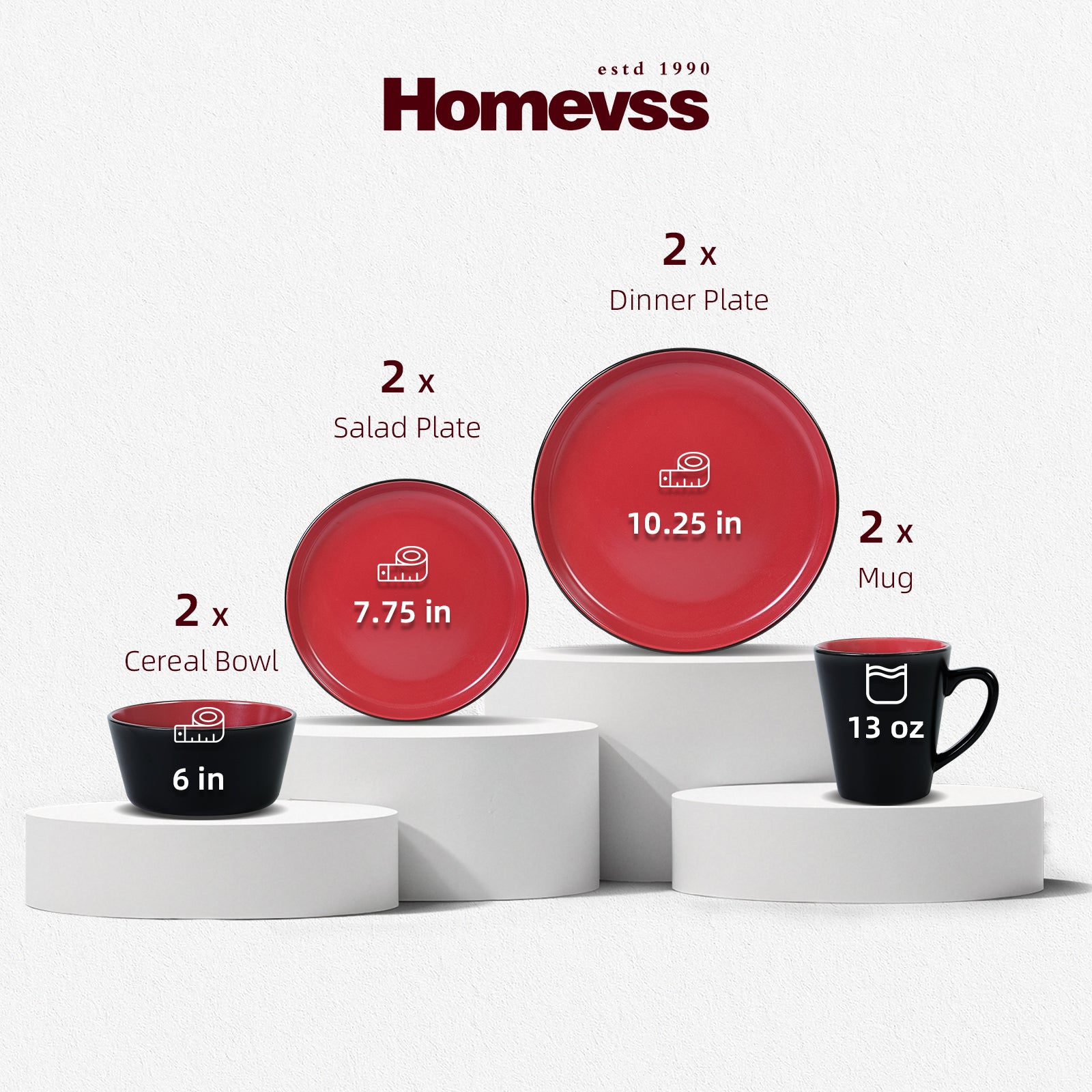 Funky 8-piece red and black ceramic dish set service for 2, featuring toxic-free plates with high sides, bowls, and mugs.