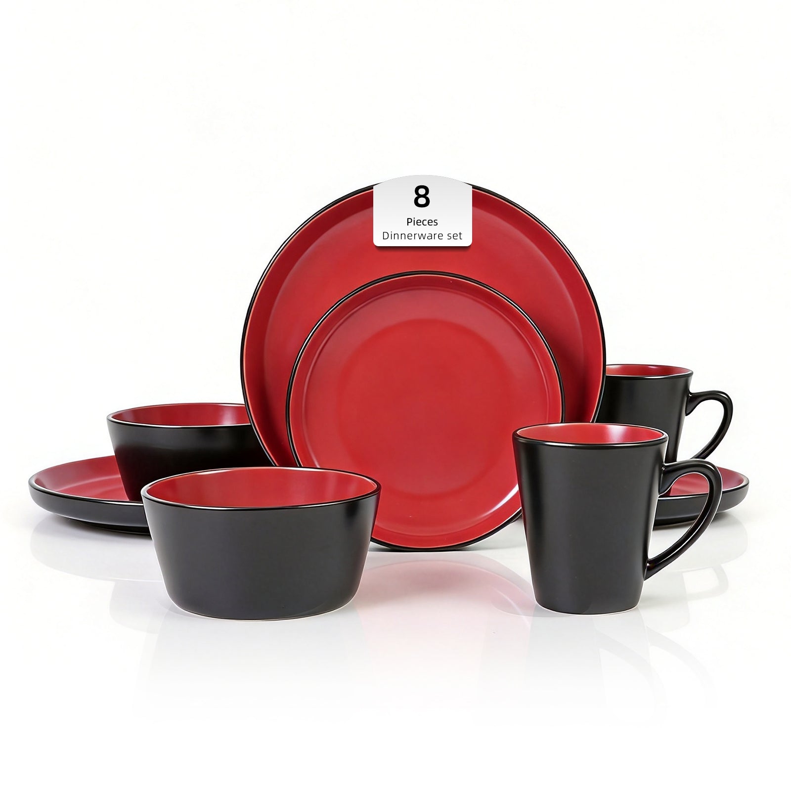 HomeVSS ColorCore modern two-tone crimson red and matte black stoneware dinnerware set on a clean background.