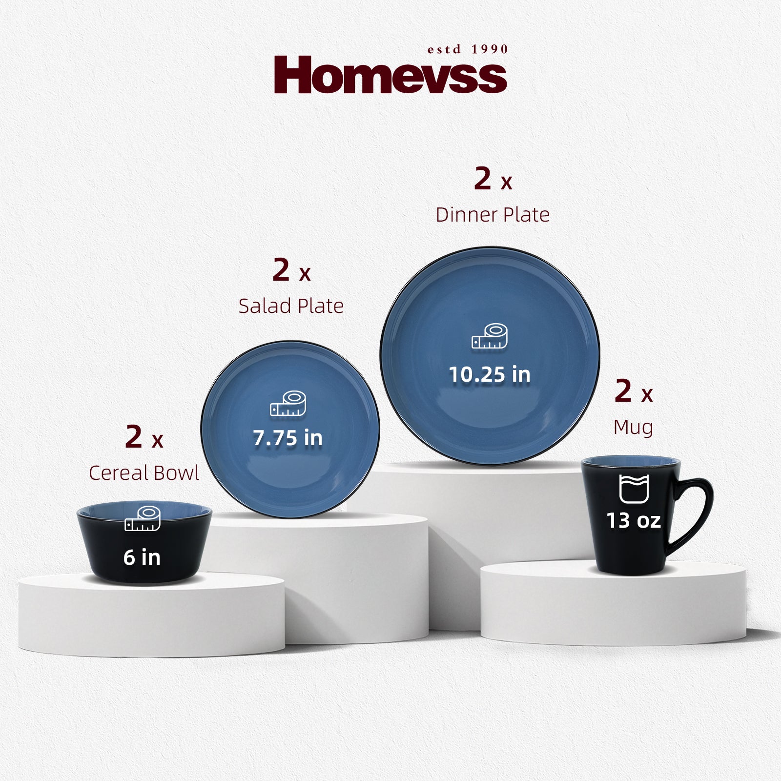 Set of blue dinnerware including plates, bowls, and a mug with Homevss branding.