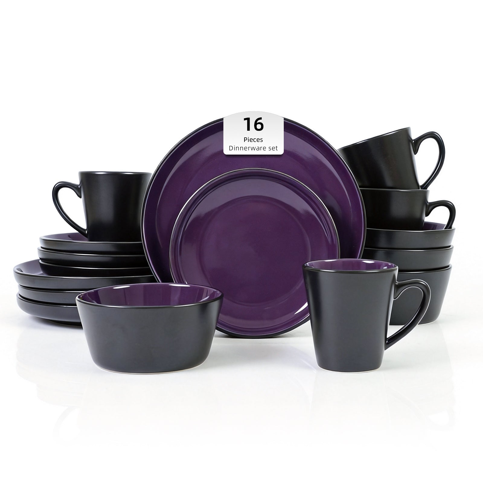 16-piece dinnerware set with purple and black dishes on a white background