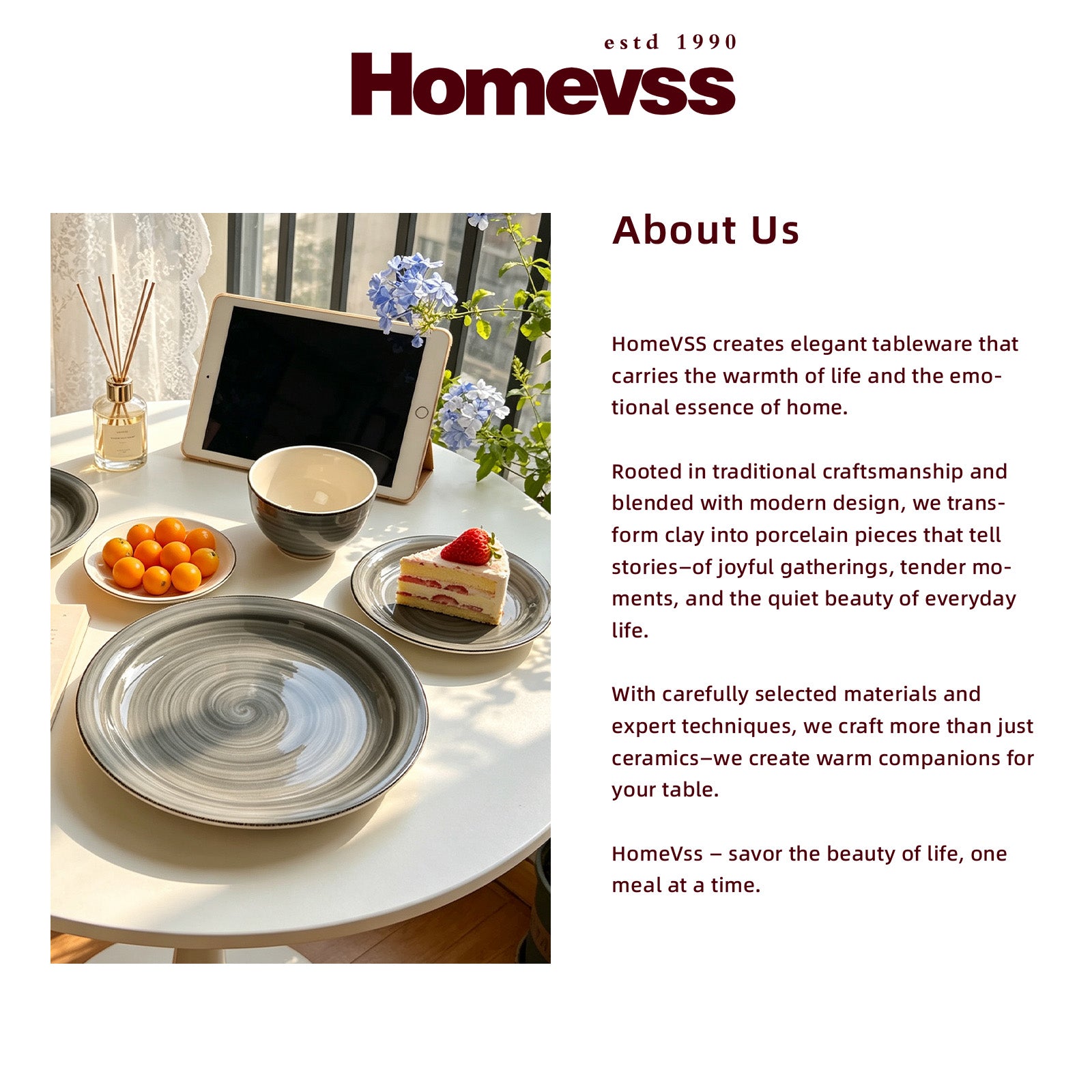 A promotional graphic for Homevss tableware, featuring a styled tabletop scene with a gray spiral-patterned ceramic plate, a tablet, a bowl, and a slice of cake on a white table, alongside the 'About Us' text on a white background.
