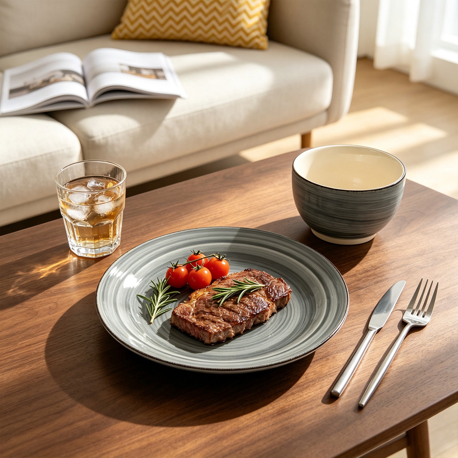 A styled dining table scene with a gray ceramic plate holding a cooked steak garnished with cherry tomatoes and rosemary, alongside a bowl, glass of iced drink, and silver cutlery on a wooden table in a living room setting.
