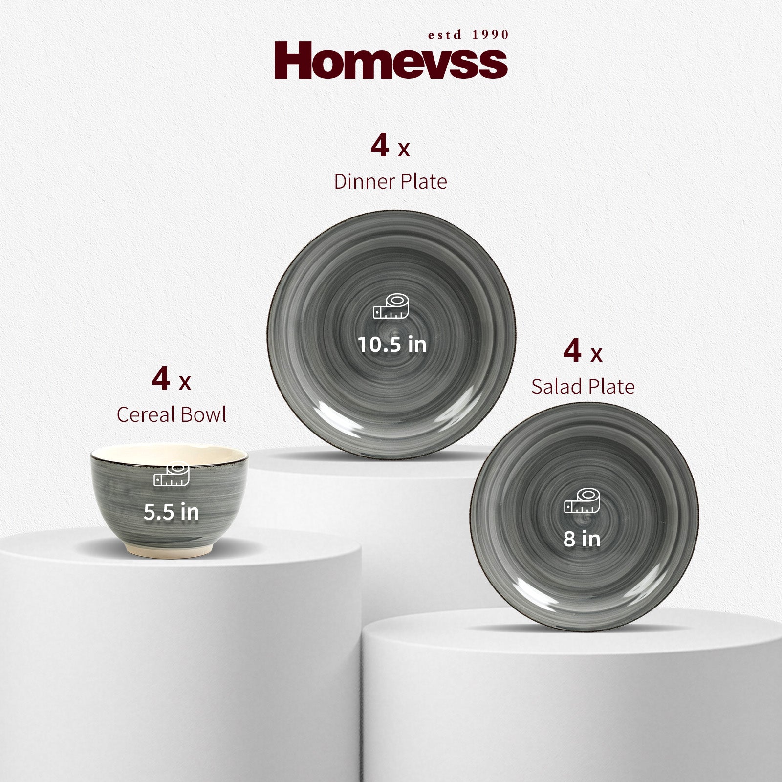 Three ceramic tableware pieces from Homevss displayed on white pedestals against a light gray background: a 5.5 in cereal bowl, a 10.