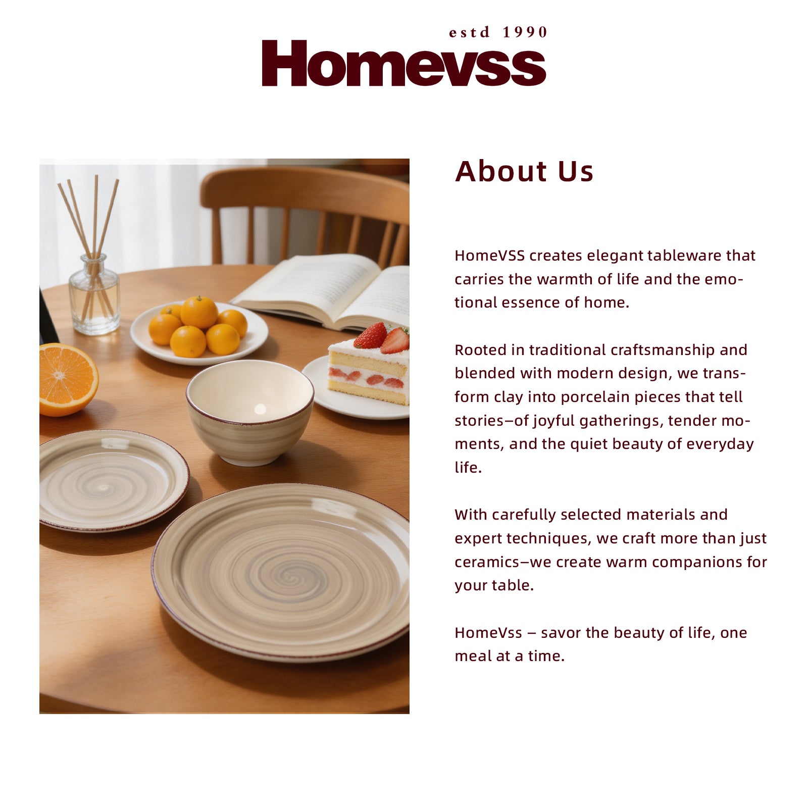 A promotional graphic for Homevss featuring a styled tabletop scene on the left with ceramic plates, bowls, oranges, and a slice of cake on a wooden table, alongside an 'About Us' text section on the right.