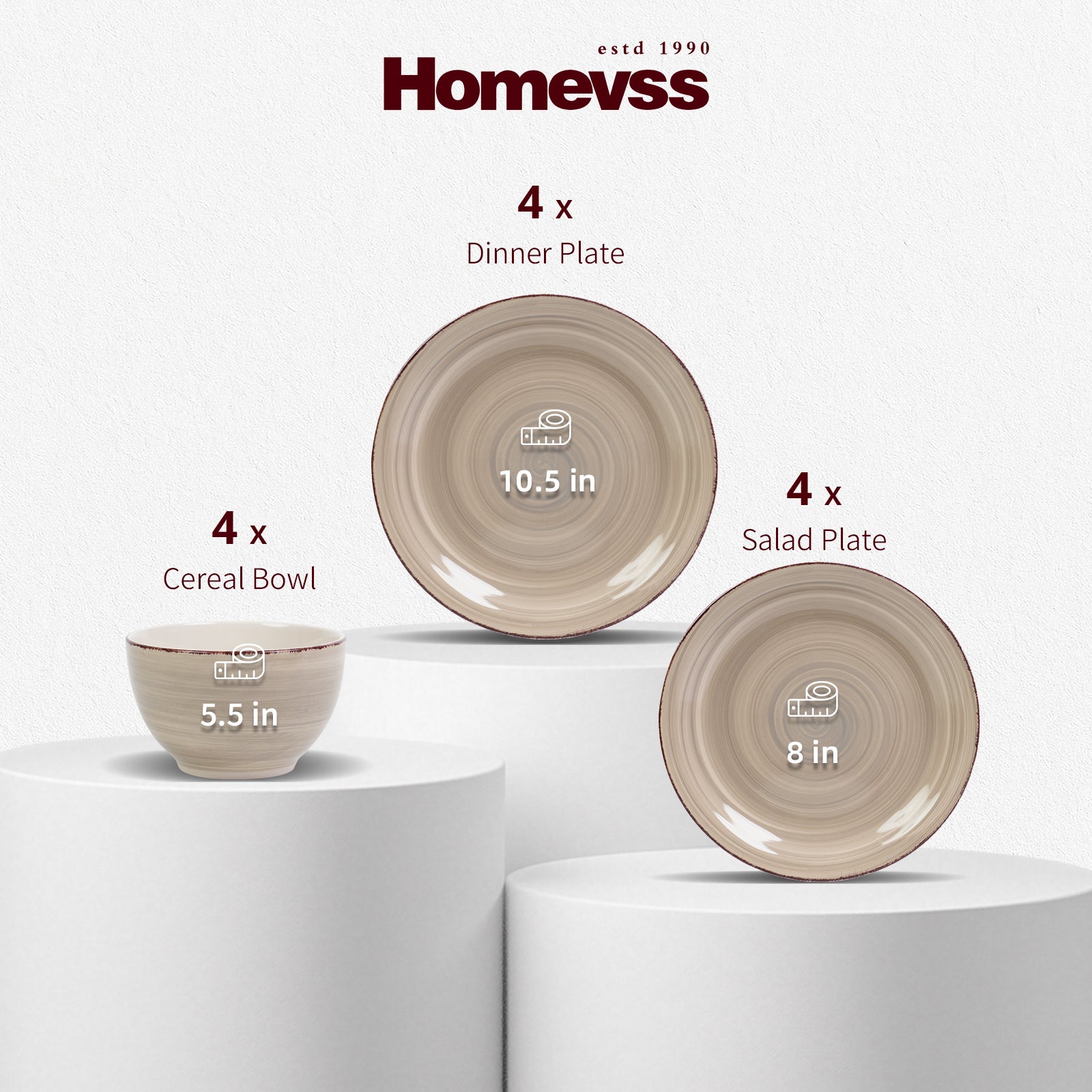Three ceramic tableware pieces from Homevss displayed on white pedestals against a light gray background: a large 10.5 in dinner plate, an 8 in salad plate, and a 5.