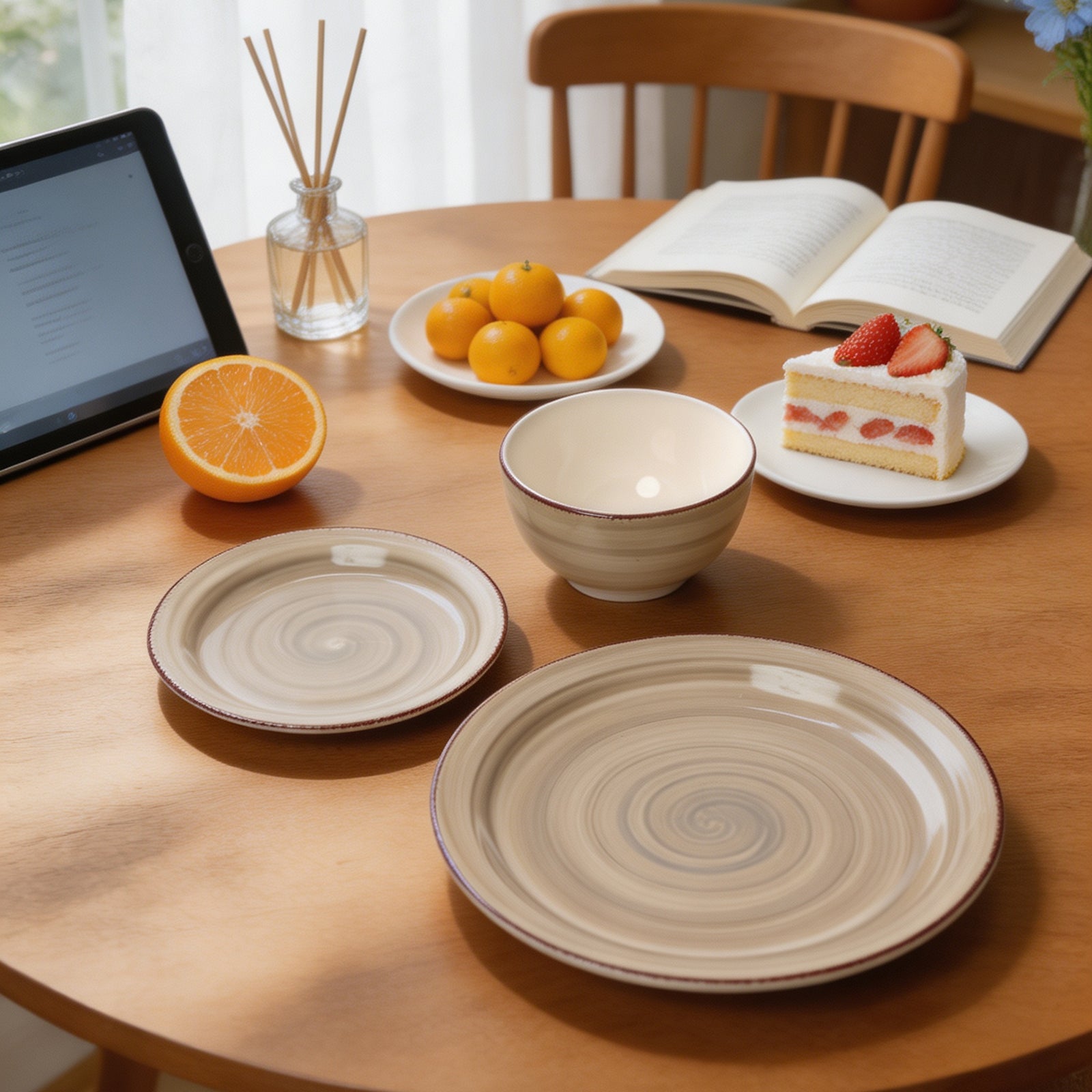 A set of ceramic tableware including two round plates with a beige and brown spiral pattern, a small bowl, and a small plate with a strawberry cake, arranged on a wooden dining table alongside an orange, oranges, a tablet, and an open book.