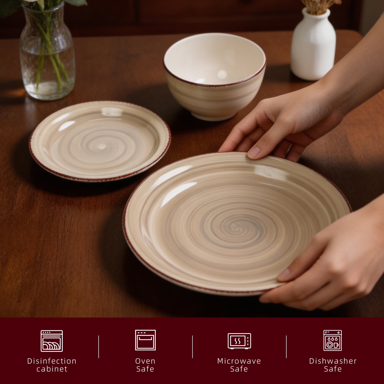 A ceramic dinner plate and matching bowl with a beige and brown swirled pattern are shown on a wooden table, with a person's hands holding the larger plate. A dark red banner at the bottom lists product safety features: Disinfection cabinet, Oven Safe, Microwave Safe, and Dishwasher Safe.