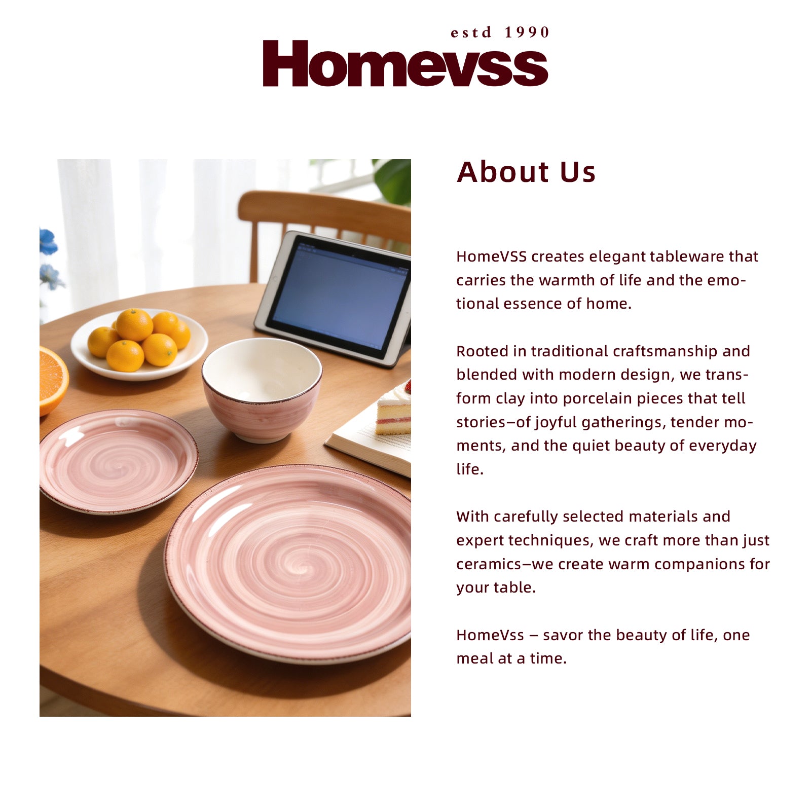 A promotional graphic for Homevss tableware, featuring a pink ceramic plate and matching bowls on a wooden table next to a tablet, with the 'Homevss' logo and 'About Us' text on a white background.