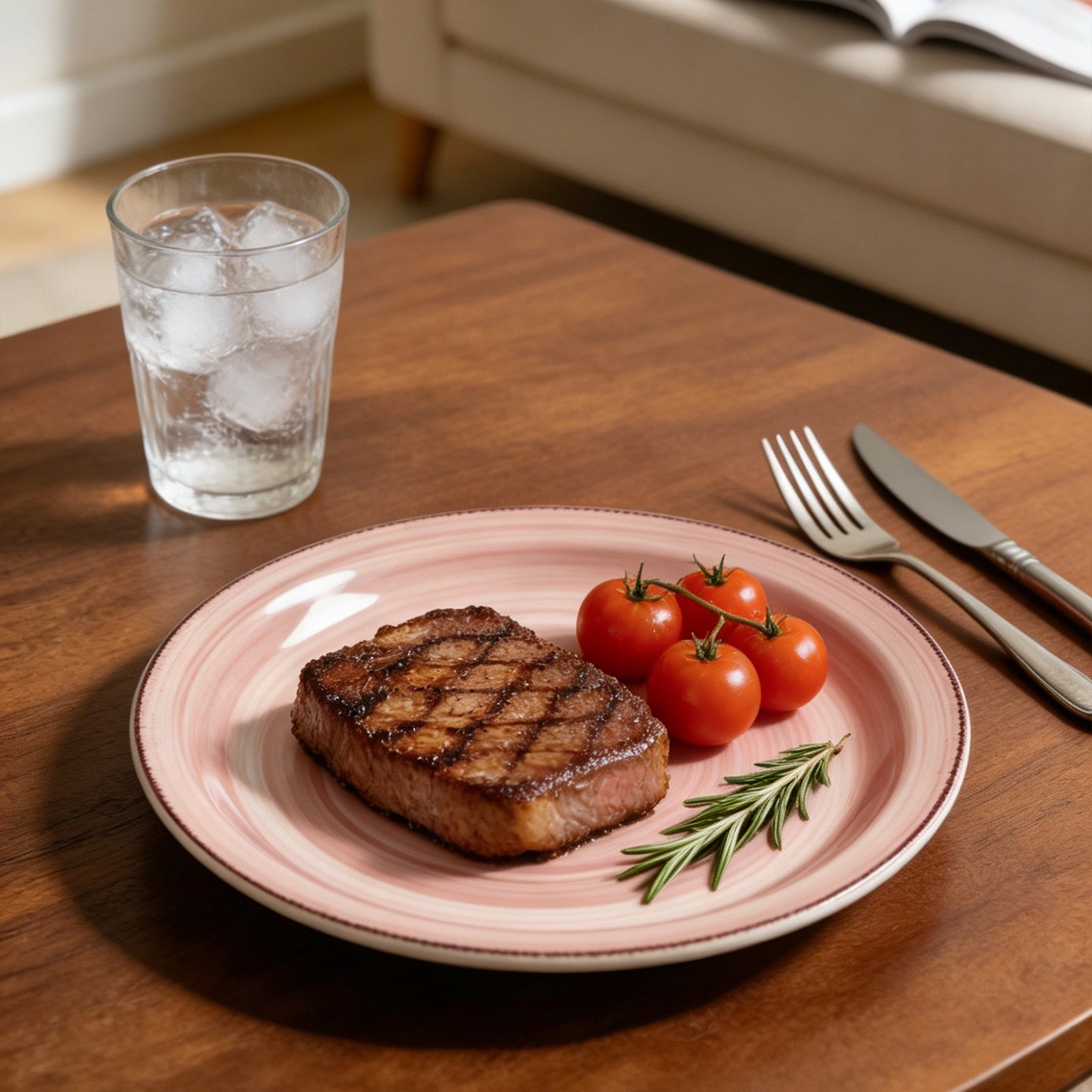 A pink ceramic plate with a brown rim, styled on a wooden table with a grilled steak, cherry tomatoes, a sprig of rosemary, a glass of water, and silver cutlery.