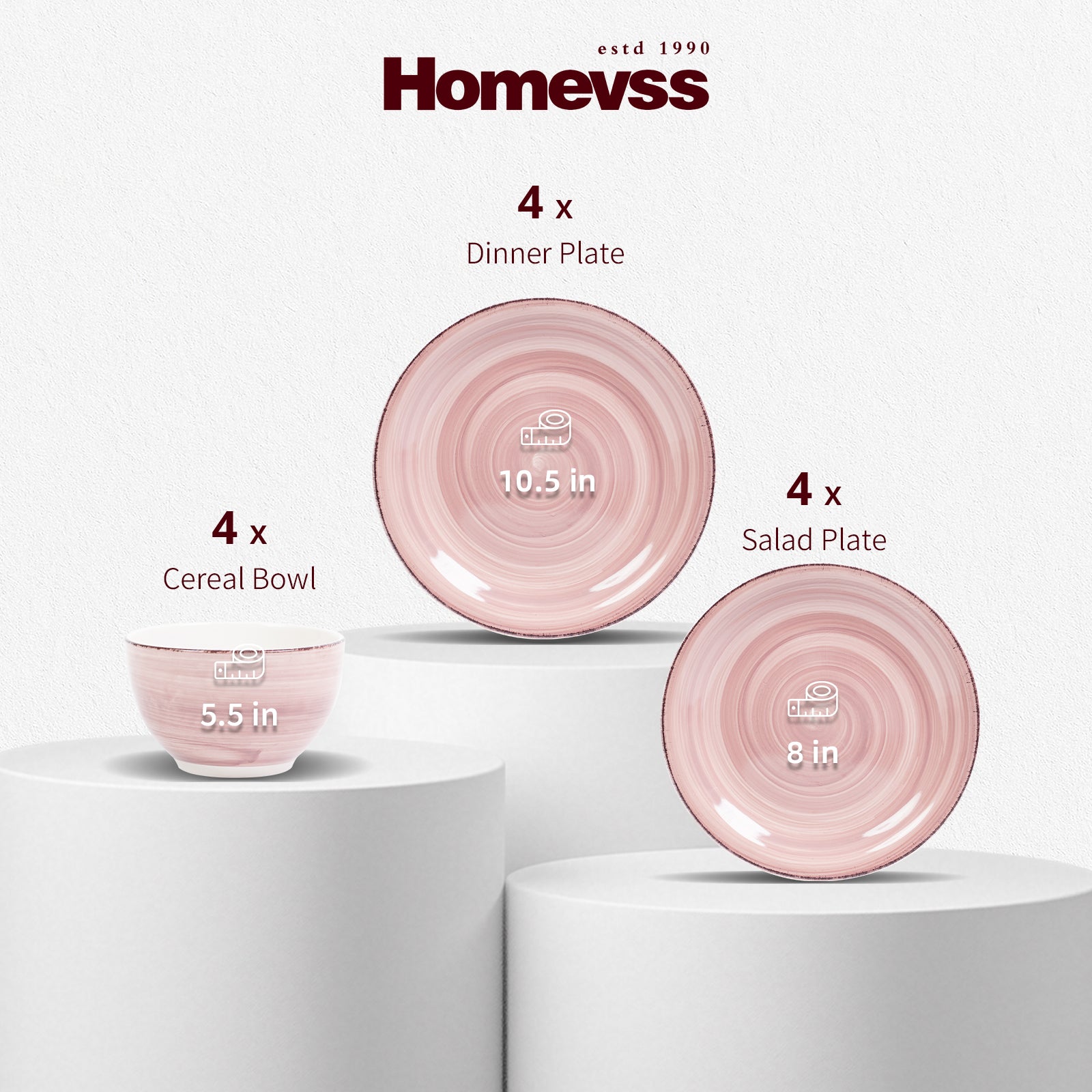 Homevss pink ceramic dinnerware set featuring a 10.5-inch dinner plate, 8-inch salad plate, and 5.5-inch bowl.