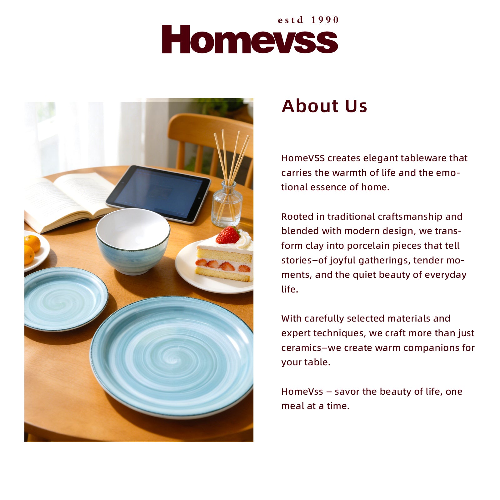 A promotional brand page for Homevss featuring a styled tabletop scene with light blue ceramic plates, bowls, a tablet, and a slice of strawberry cake on a wooden table, alongside the Homevss logo and an 'About Us' text section.