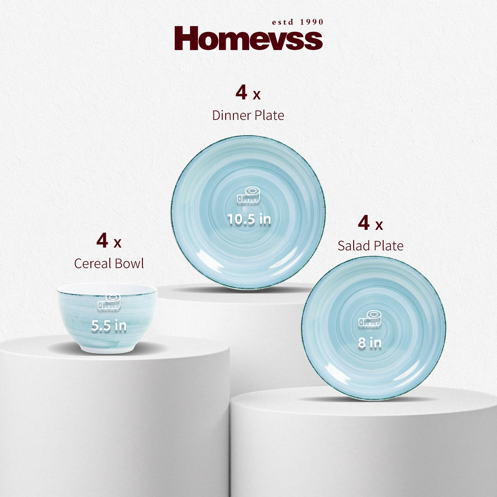 Homevss dinnerware set featuring a light blue ceramic dinner plate (10.5 in), salad plate (8 in), and cereal bowl (5.5 in)