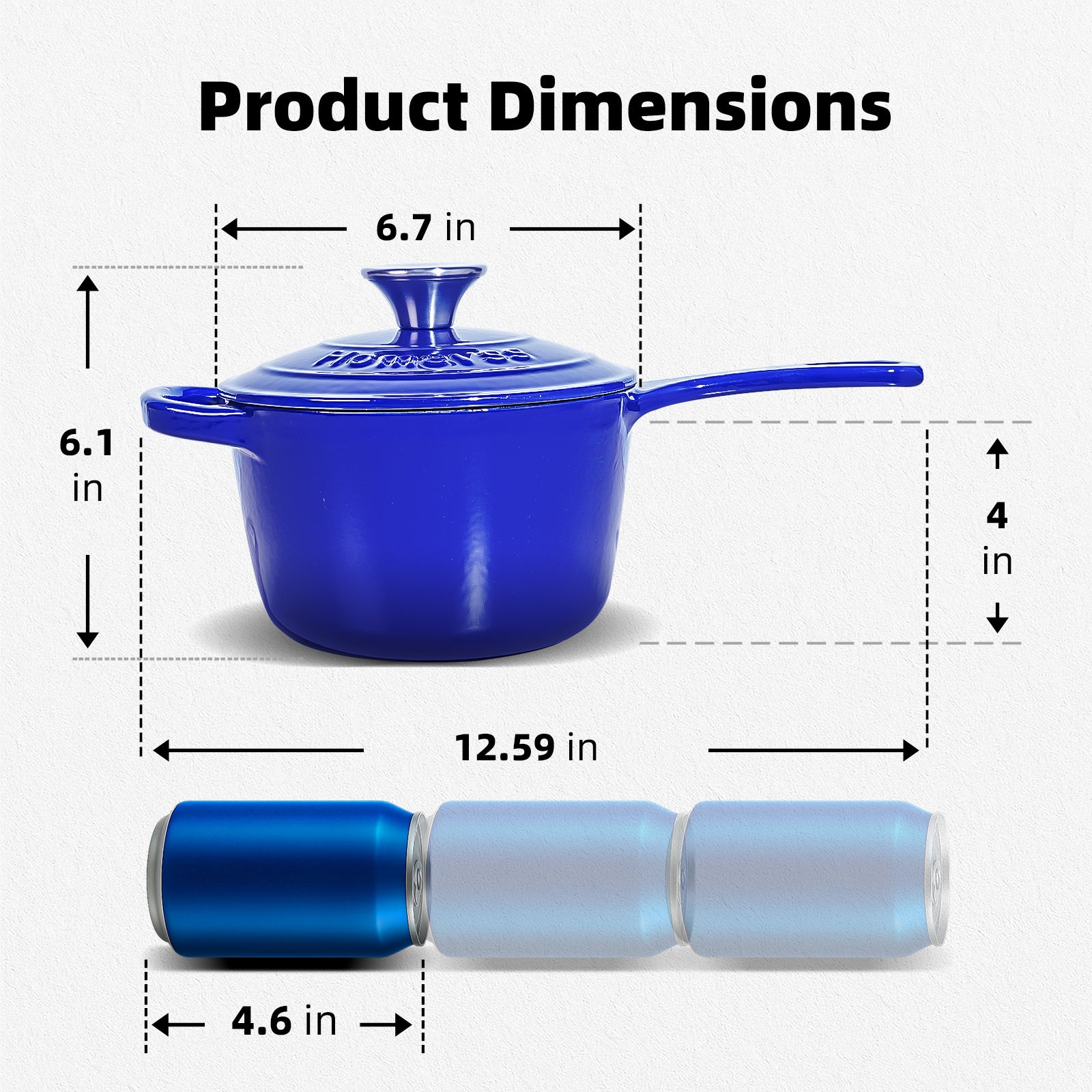 Blue pot with dimensions labeled on a white background