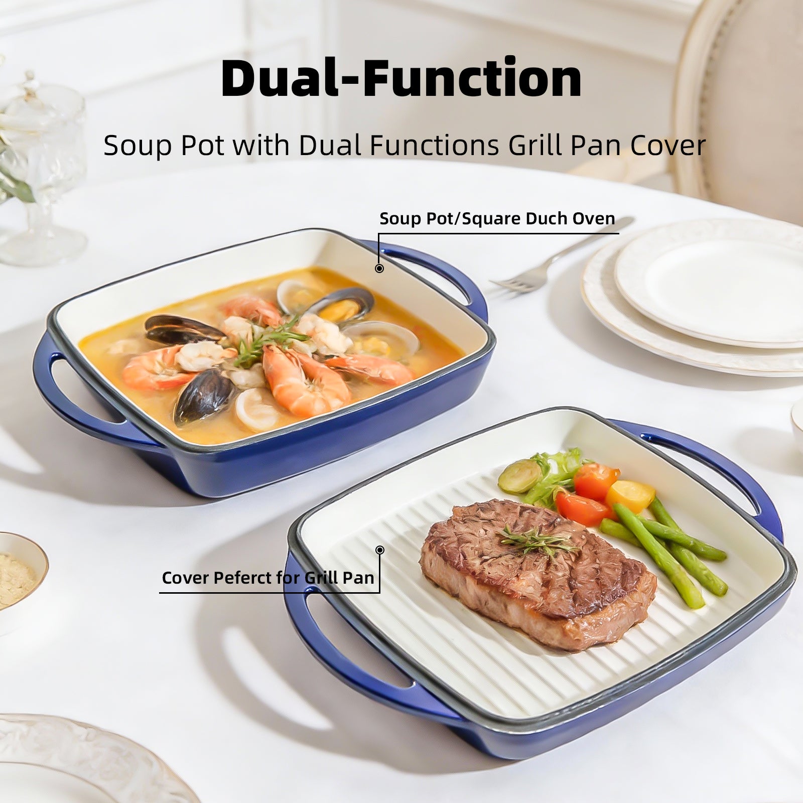 7-Quart Square Enameled Cast Iron Double Dutch Oven