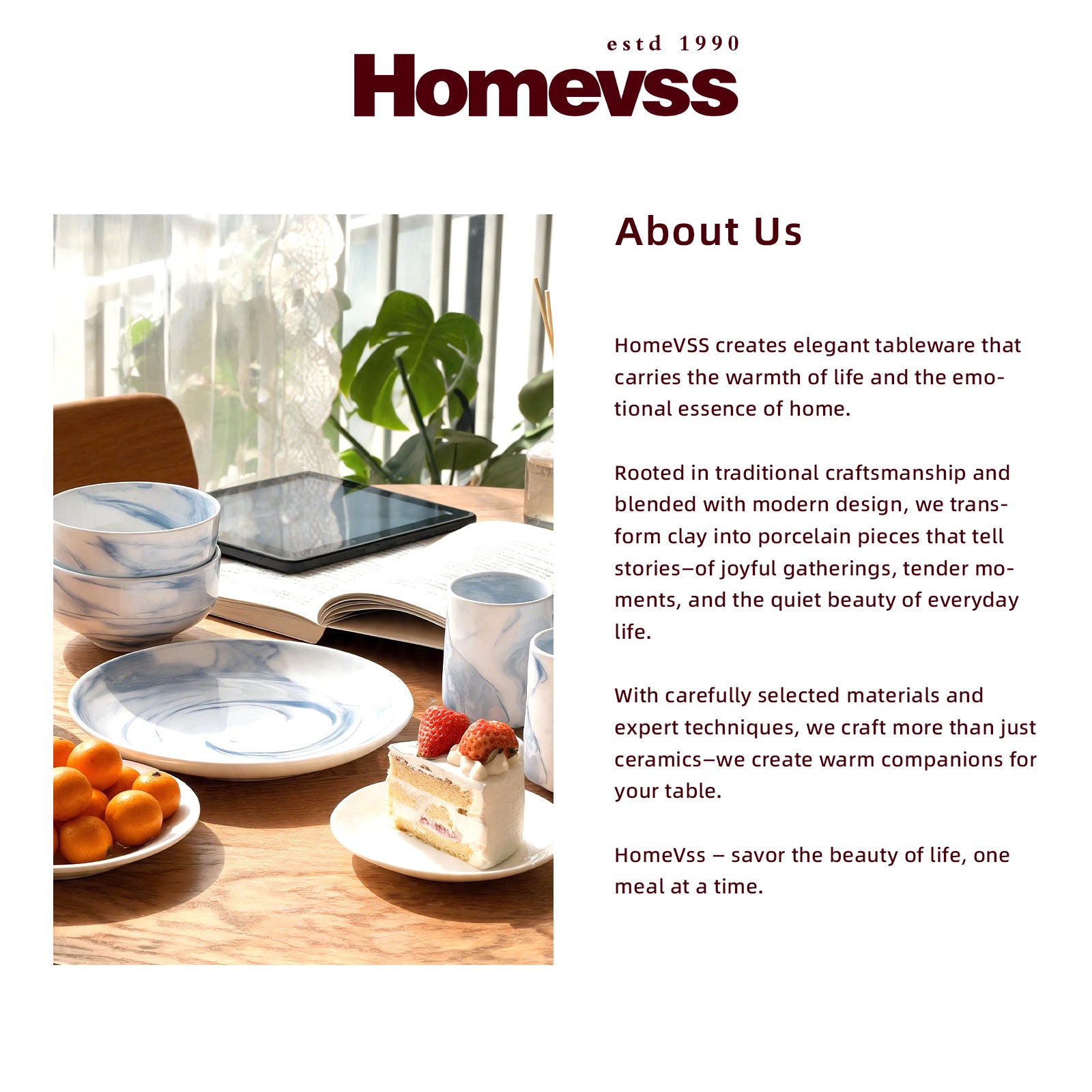 A promotional brand page for Homevss featuring a styled table setting with ceramic dishes, a cup, a strawberry cake, and an open book beside a window. The right side includes the Homevss logo and an 'About Us' text section.