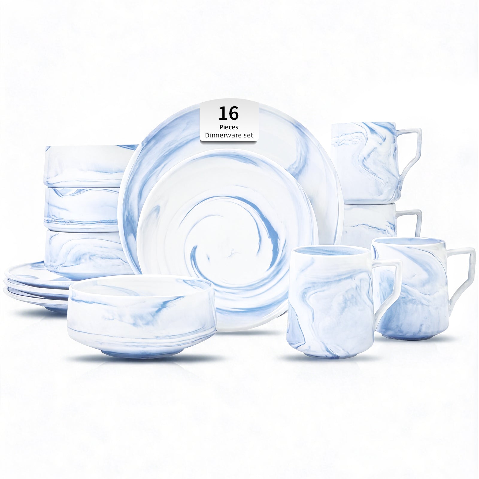 A 16-piece ceramic dinnerware set with a white base and light blue marble swirl pattern, including plates, bowls, and mugs, displayed on a clean white background.