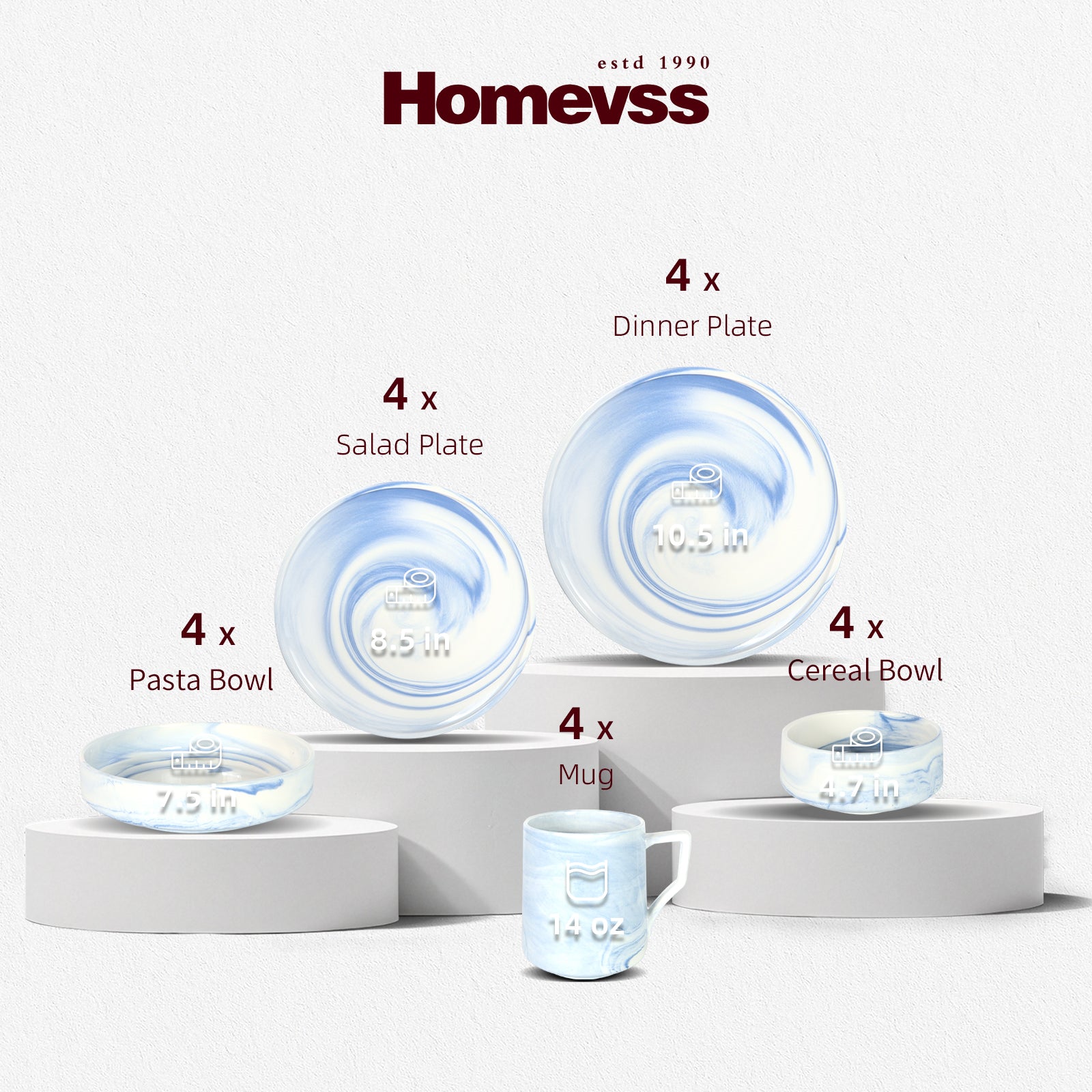 Homevss dinnerware set displayed on white pedestals against a light gray background, including four 10.5-inch dinner plates, four 6.