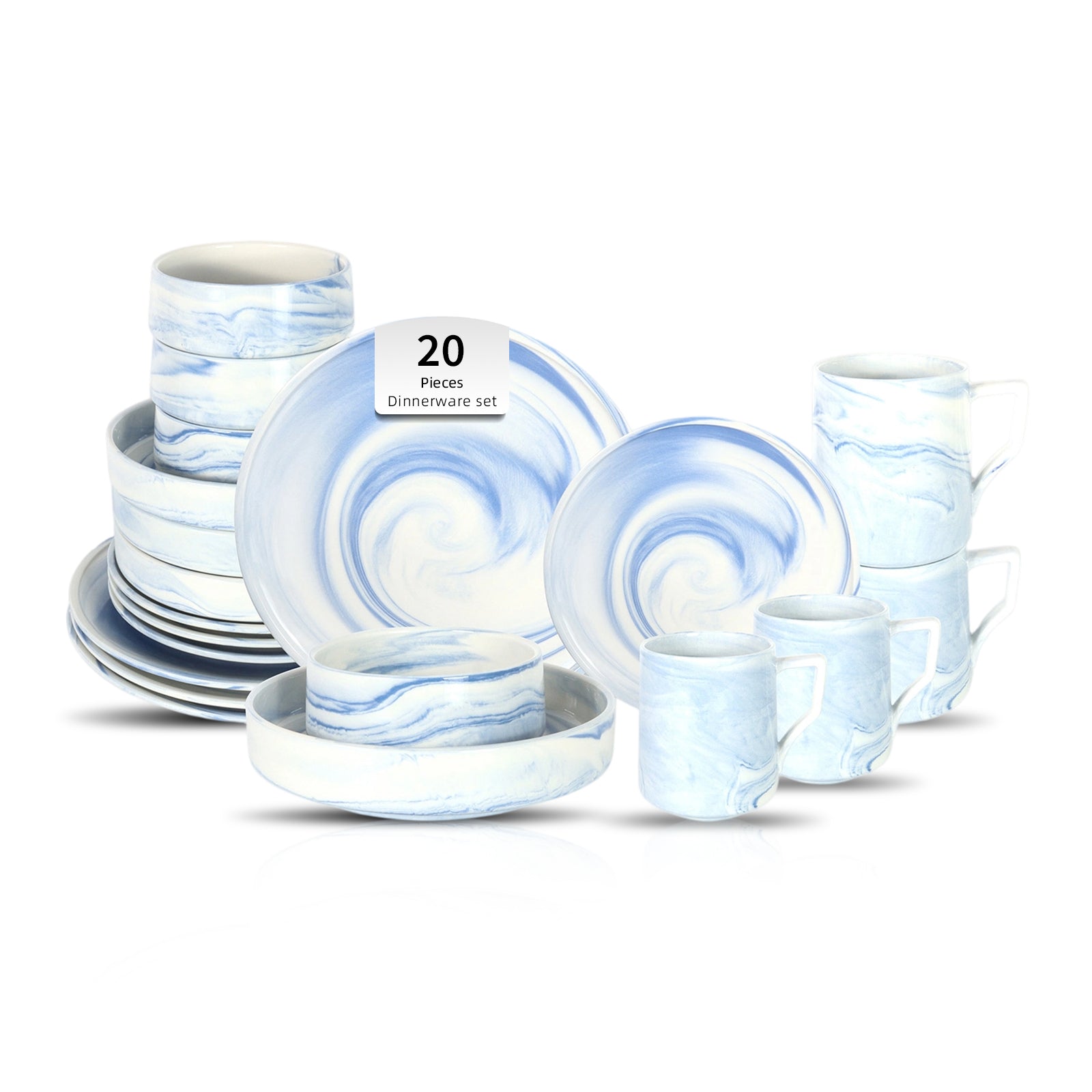A 20-piece ceramic dinnerware set with a light blue and white marble swirl pattern, including plates, bowls, mugs, and stacked dinnerware pieces on a white background.