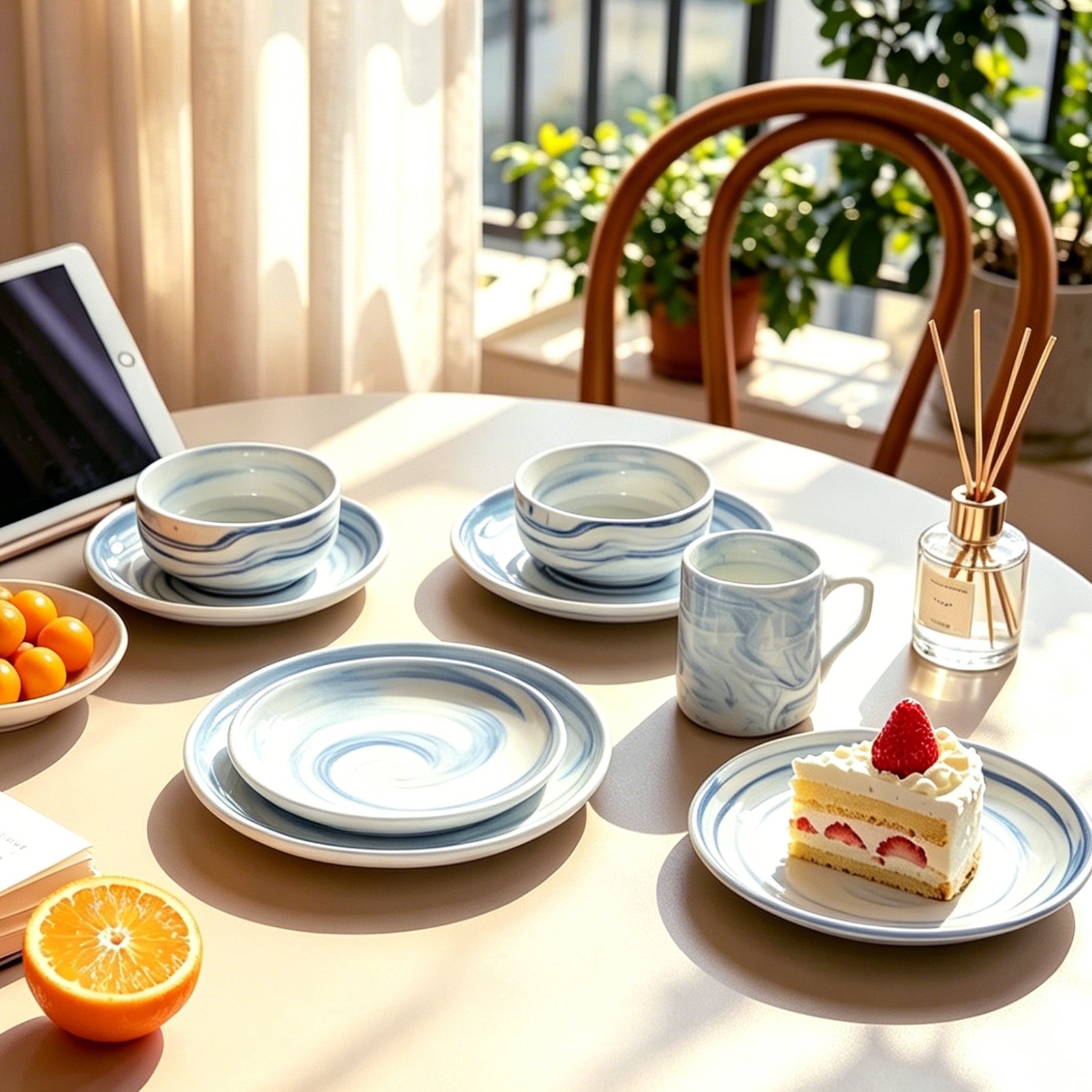 A styled dining table setting with a matching blue and white ceramic tableware set, including plates, bowls, and a mug, arranged with food items like oranges, a slice of cake, and a reed diffuser in a bright indoor environment.