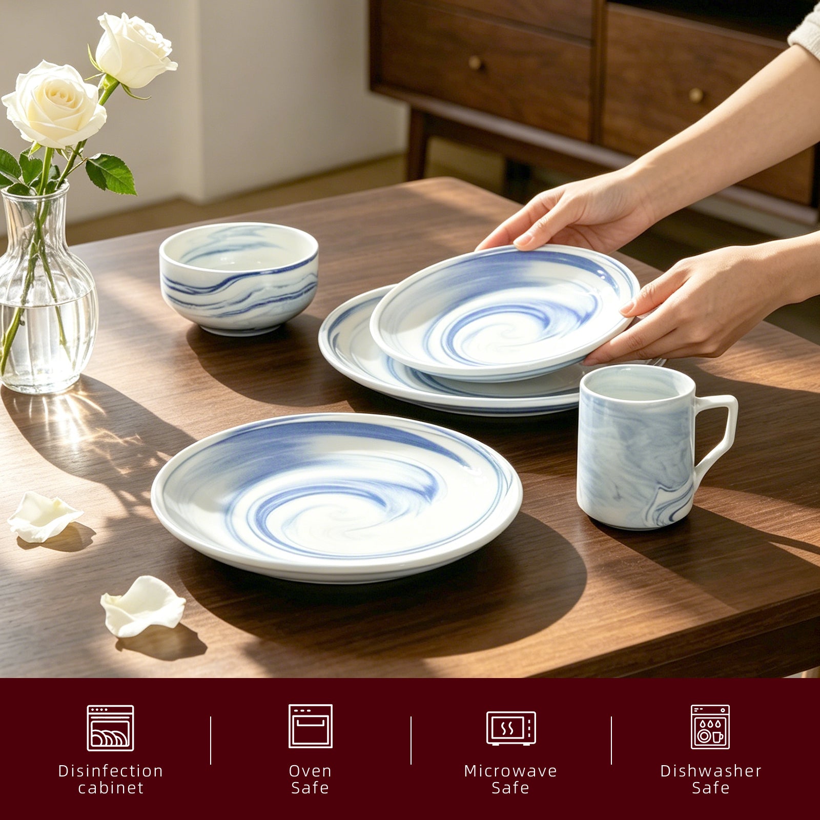 Blue and white marbled ceramic dinnerware set on a wooden table, including plates, a bowl, and a mug, with hands holding a plate. A vase of white roses sits on the left, and a dark red banner at the bottom lists safety features.
