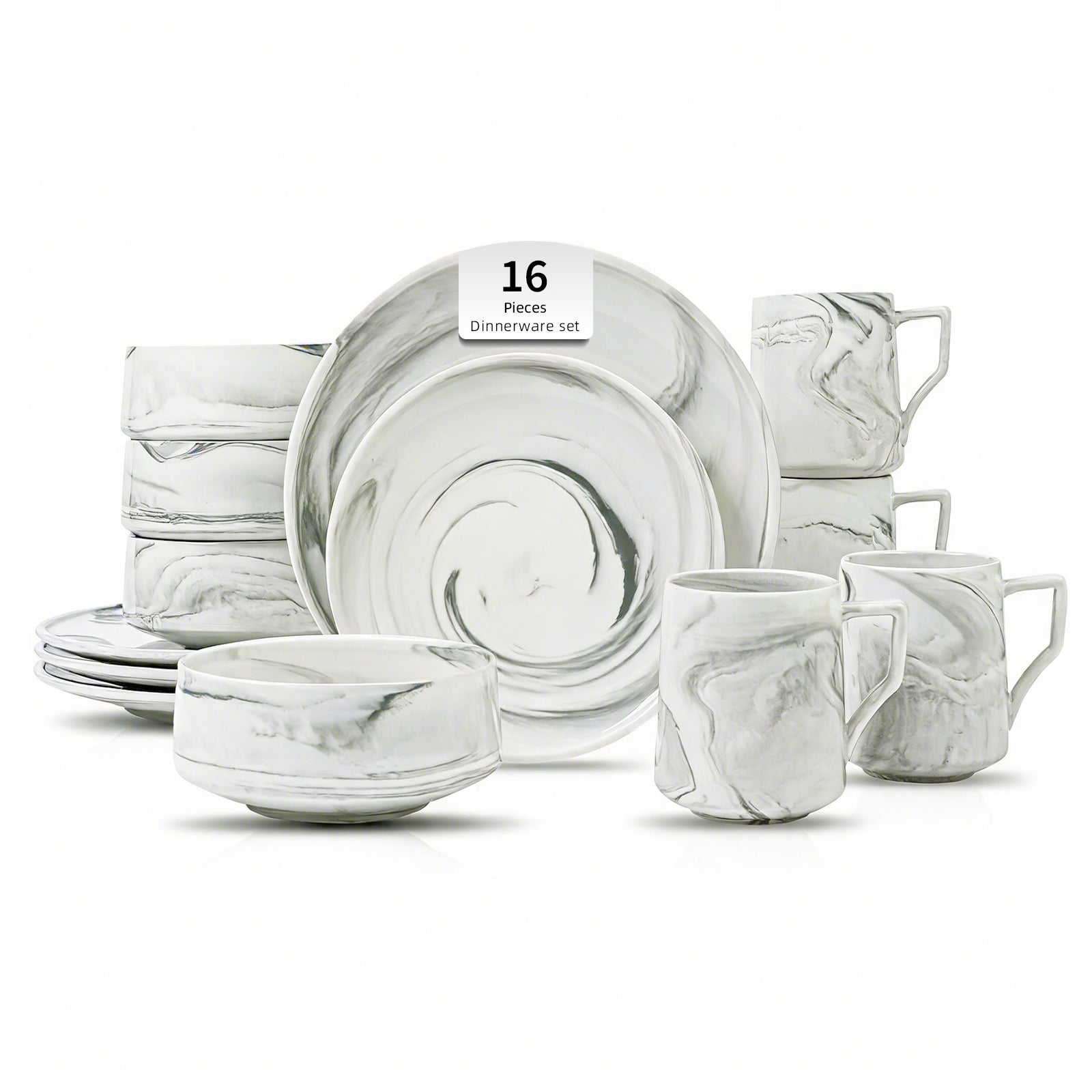 A 16-piece dinnerware set with a white and gray marble pattern, including plates, bowls, and mugs, arranged on a clean white background.