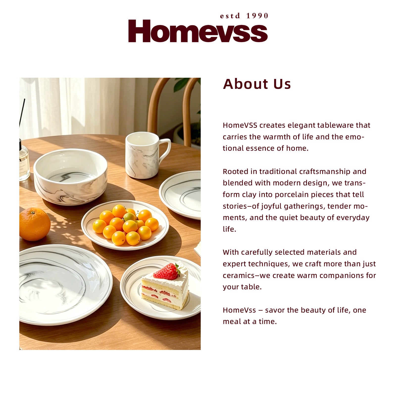 A promotional brand page for HomeVSS featuring a styled table setting with ceramic tableware, including bowls, plates, a mug, and a small dessert plate, alongside an orange and kumquat fruits. The right side includes the HomeVSS logo and an 'About Us' text section on a light gray background.
